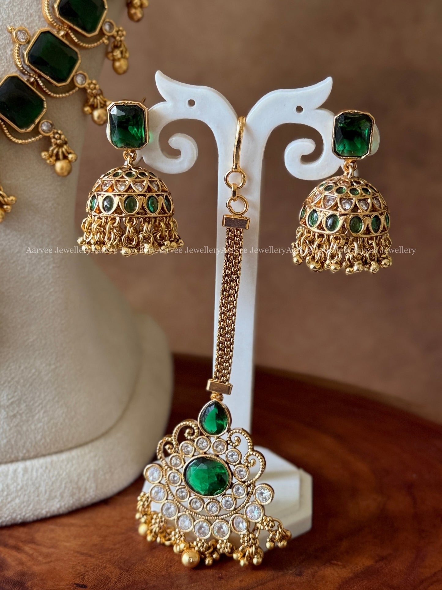 GREEN STONE SEMI BRIDAL SET NECKLACE, HARAM, JHUMKI & TIKKA