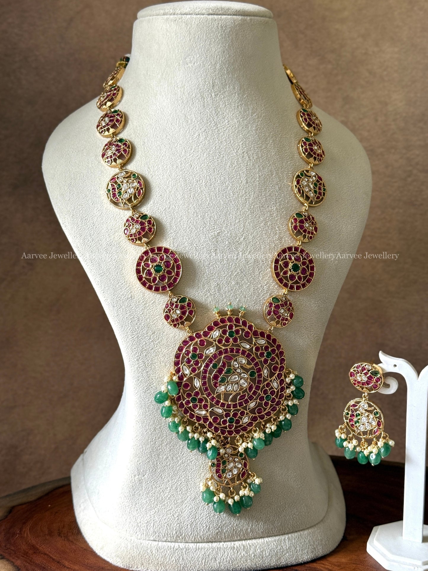 PREMIUM KEMP STONES PEACOCK PENDANT LONG HARAM SET WITH PASTEL BEADS