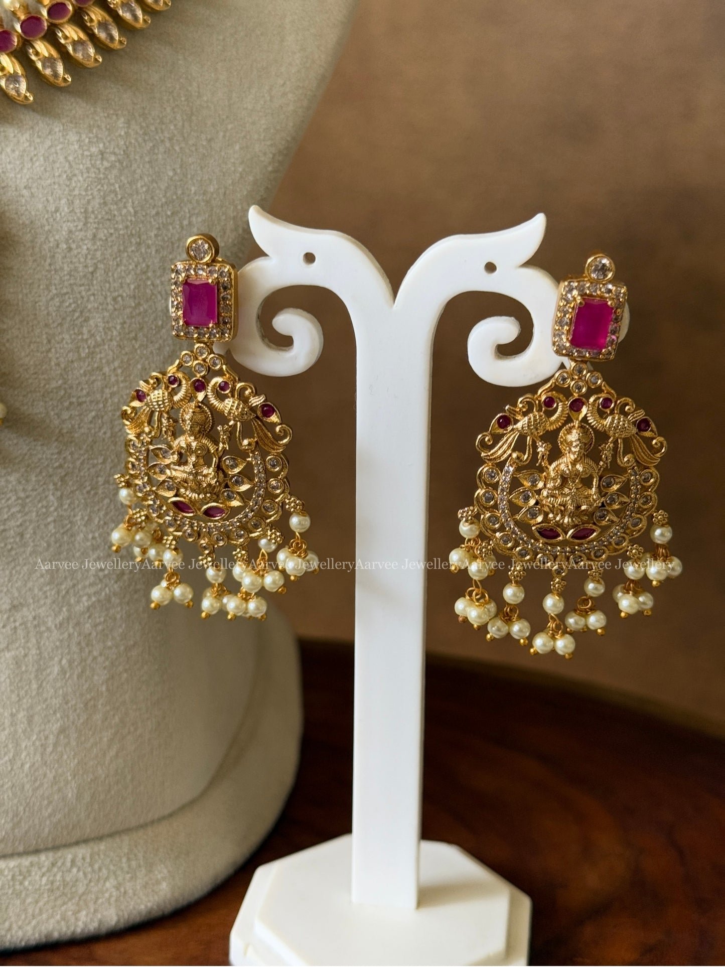 CZ RUBY / GREEN STONE LAYERED NECKLACE SET WITH LAKSHMI PENDANT