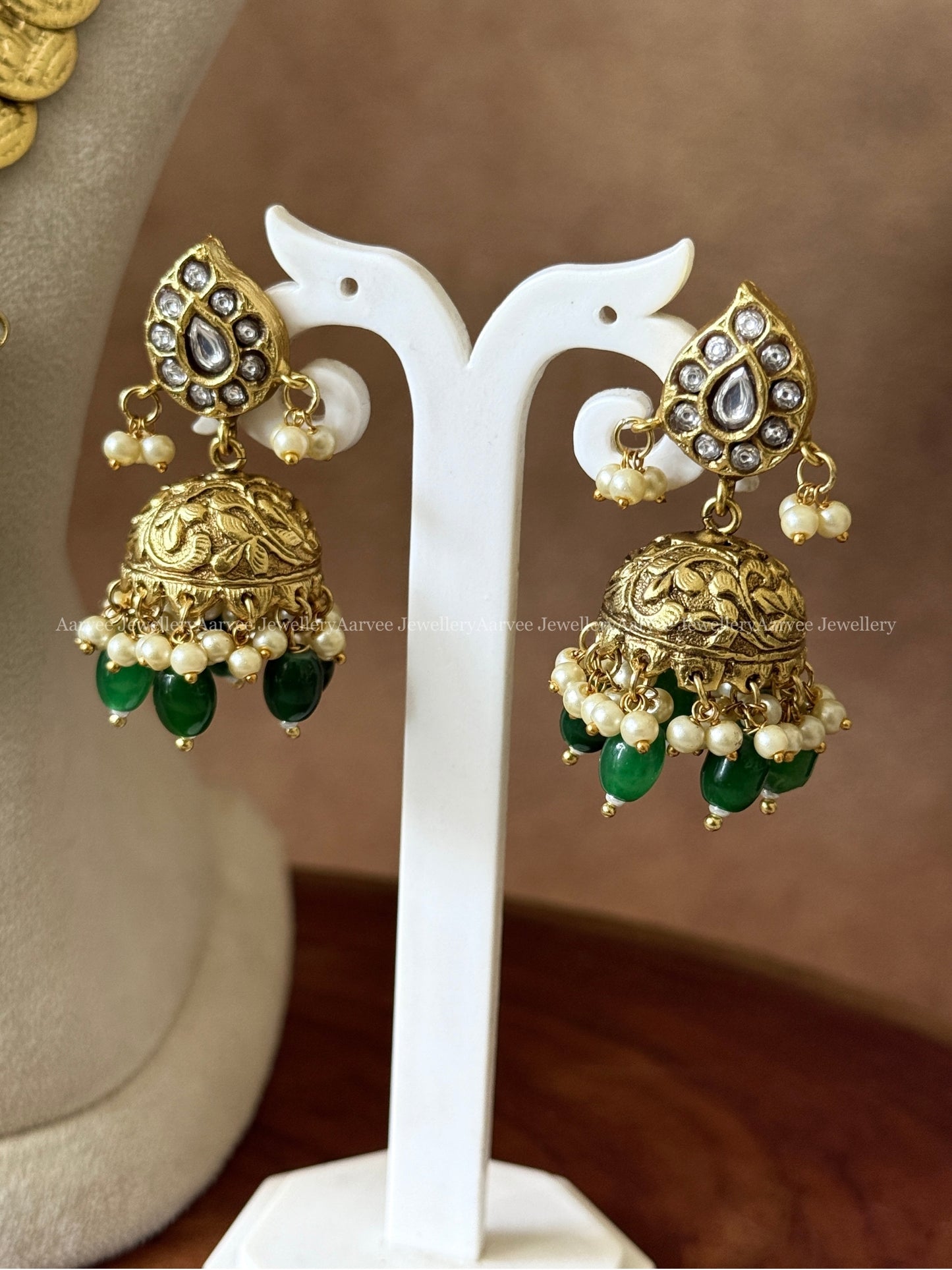 COMBO - WHITE KEMP STONE CHOKER WITH JADAU KUNDAN COIN MIDLENGTH HARAM AND JHUMKI WITH GREEN BEADS