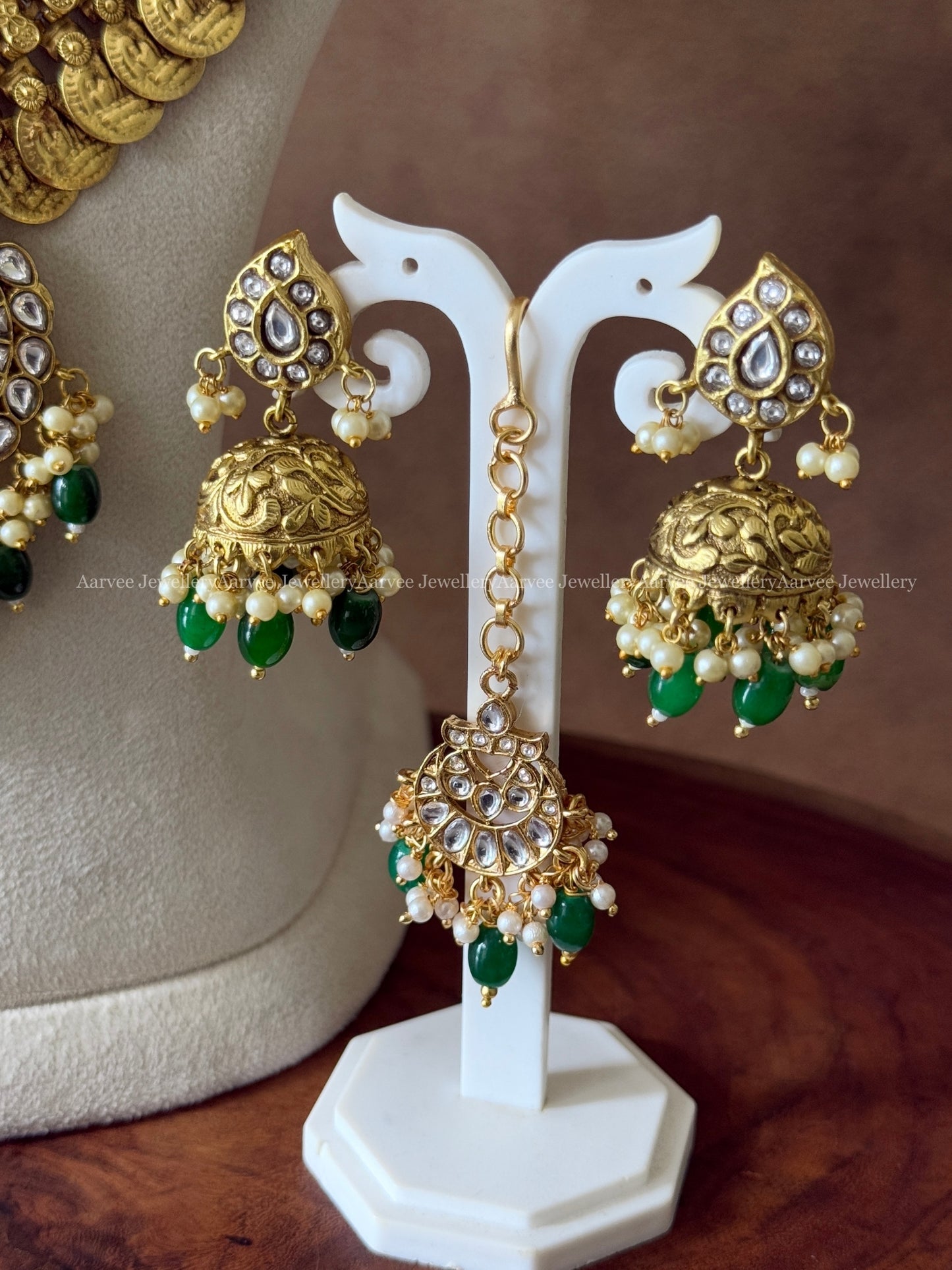 SEMI BRIDAL - KEMP WHITE STONE SINGLE PENDANT CHOKER |JADAU KUNDAN COIN MIDLENGTH HARAM | MANGO JHUMKI & TIKKA - WITH WHITE STONES AND GREEN BEADS