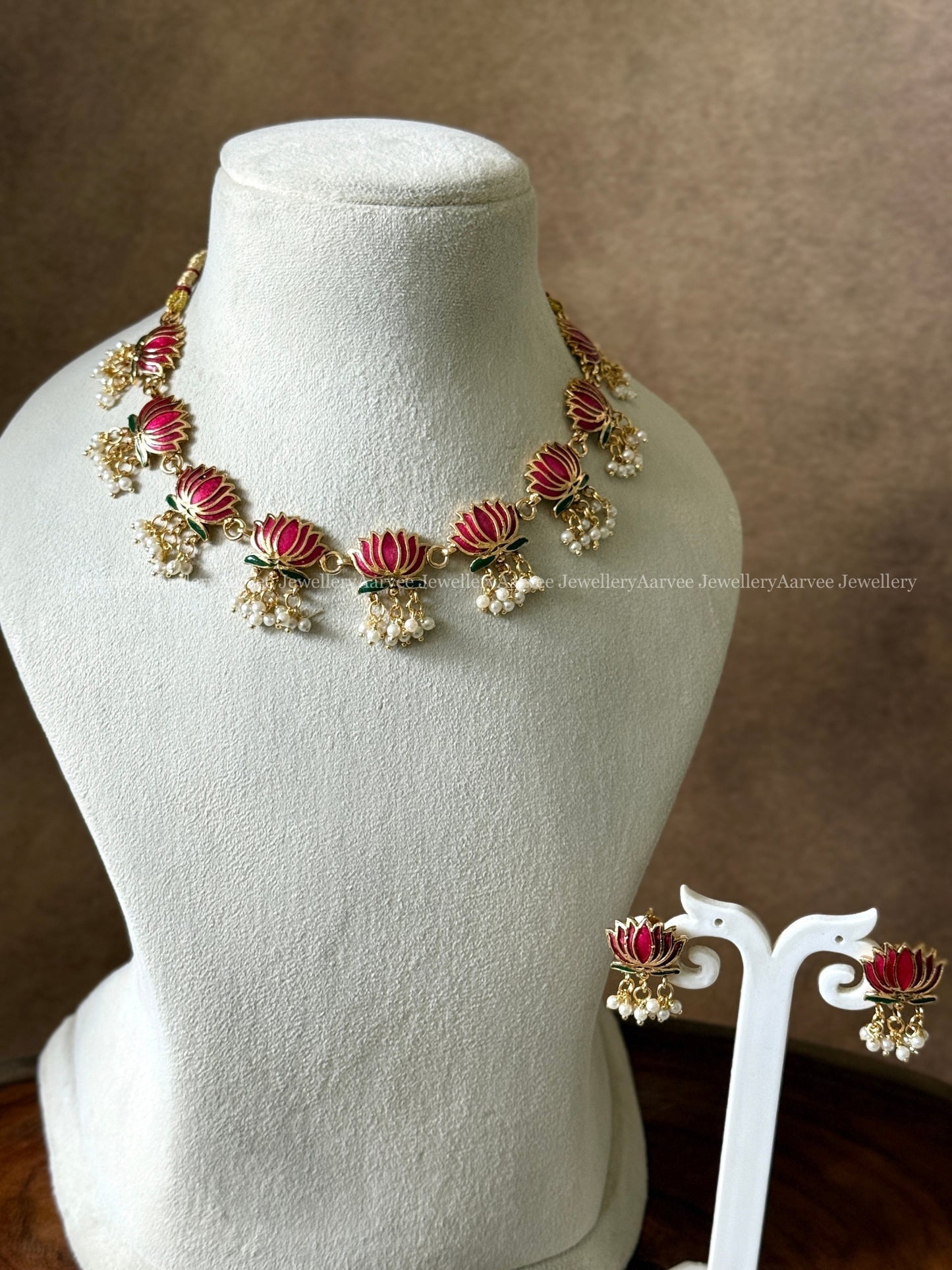 PINK LOTUS NECKLACE SET WITH PEARL DROPS - PREMIUM