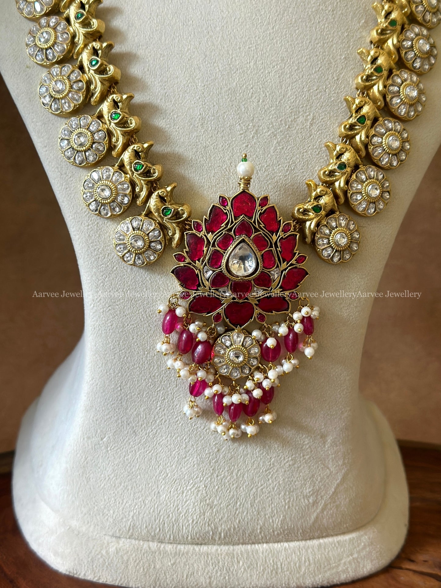 JADAU KUNDAN PINK & WHITE STONE BUTTA NECKLACE PAIRED WITH WHITE STONE BUTTA HARAM WITH PINK STONE LOTUS PENDANT AND WITH PINK BEADS