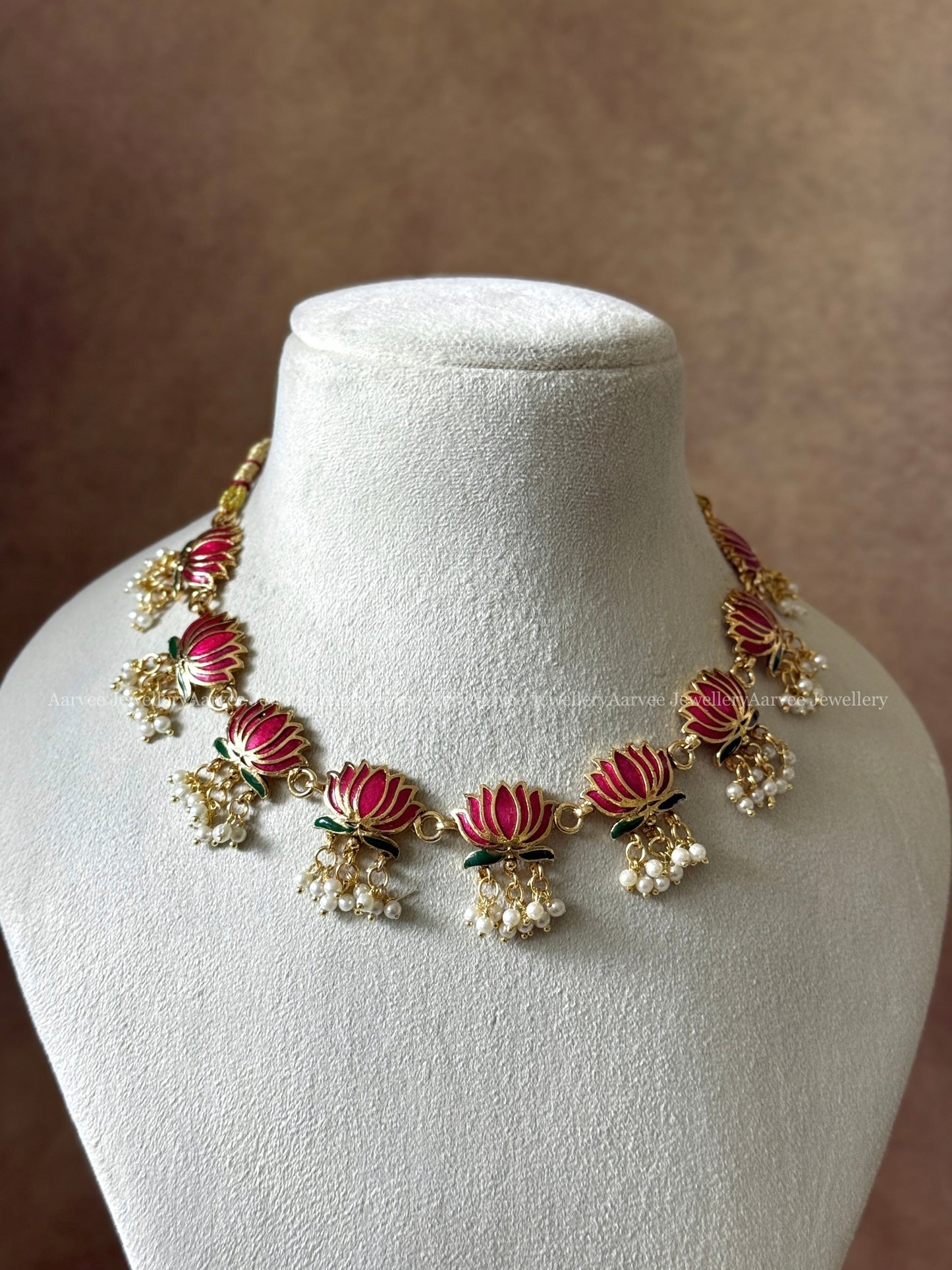 PINK LOTUS NECKLACE SET WITH PEARL DROPS - PREMIUM