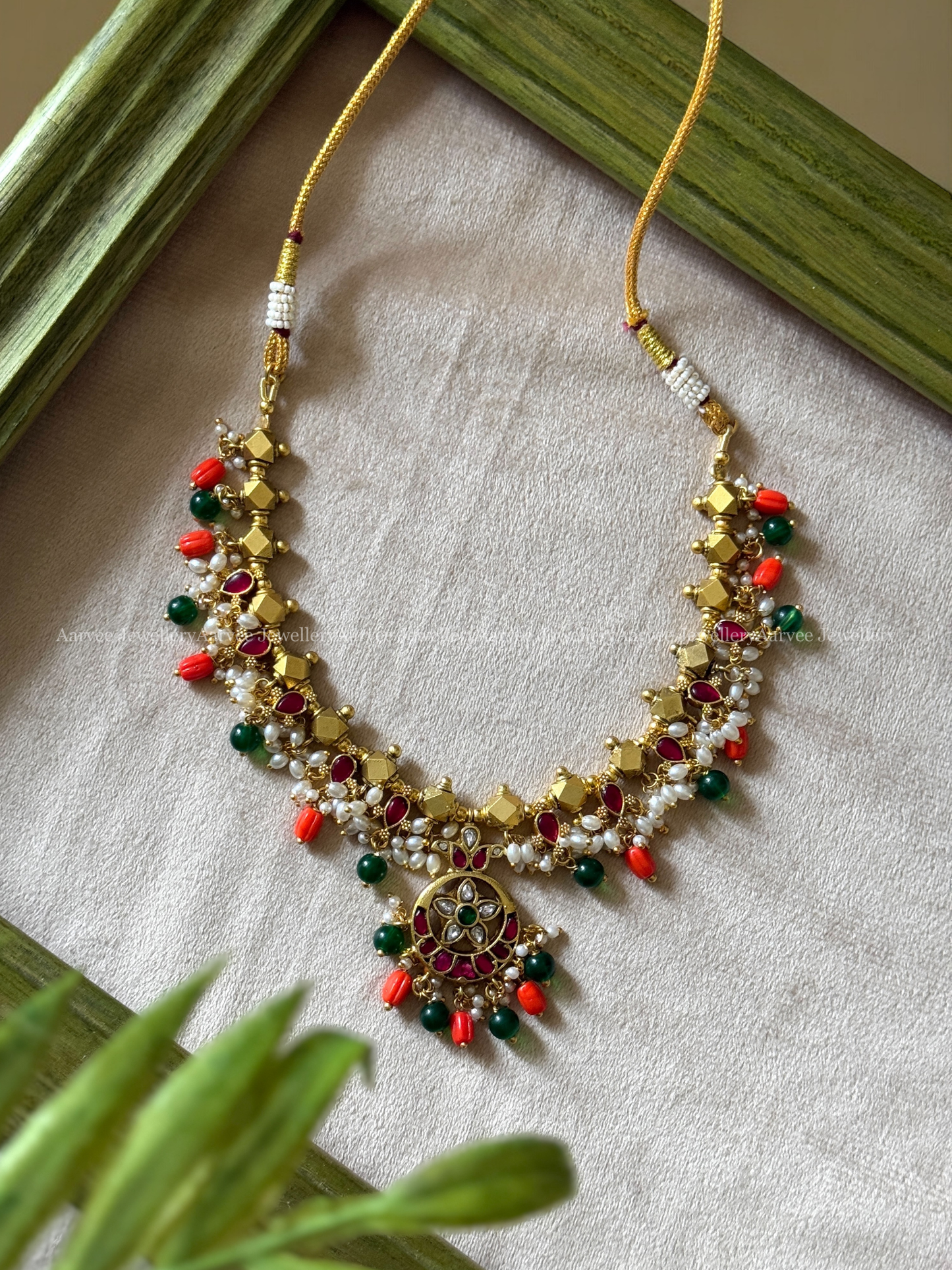 JADAU KUNDAN GOLD BALL DESIGN NECKLACE WITH GREEN & CORAL BEADS
