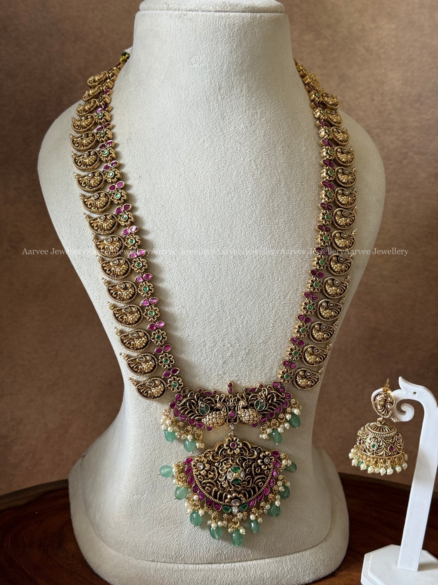 PREMIUM ANTIQUE GOLD KUNDAN STONES PEACOCK MOTIF HARAM SET WITH PASTEL BEADS