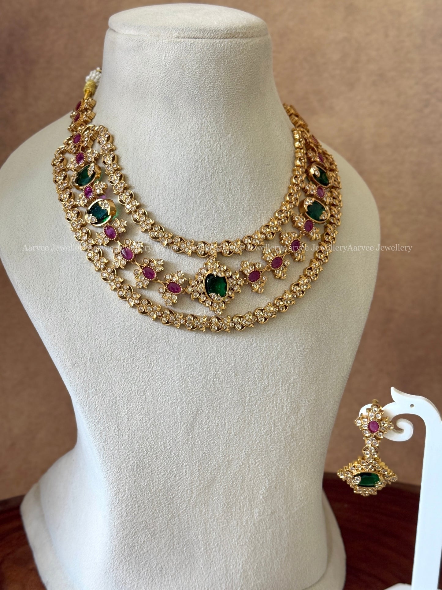 HIGH QUALITY NON IDOL CZ MULTI COLOUR STONES LAYERED NECKLACE SET