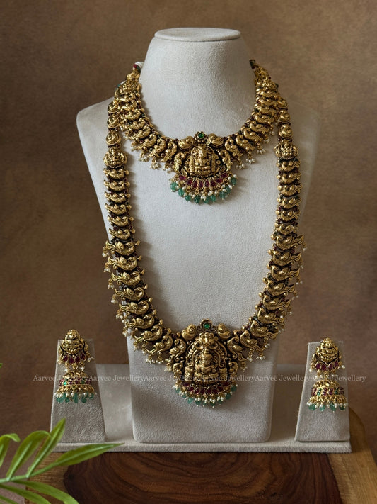TEMPLE BRIDAL JEWELLERY SET WITH PEACOCK MOTIF & LAKSHMI PENDANT WITH PASTEL BEADS