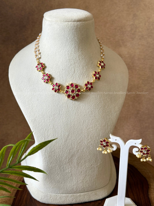 JADAU KUNDAN PEARL LINE NECKLACE SET WITH RUBY STONES FLORAL PENDANT