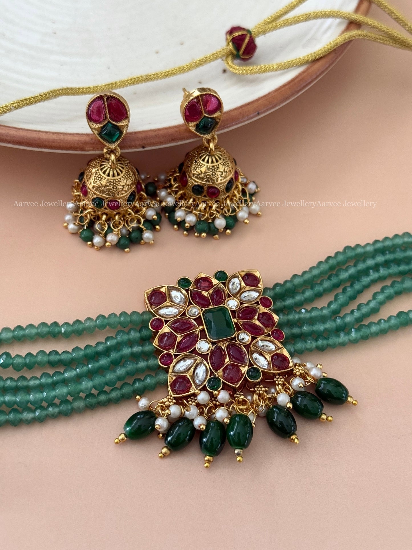 PASTEL BEADED SQUARE CHOKER SET WITH RUBY / GREEN STONES WITH GREEN BEADS