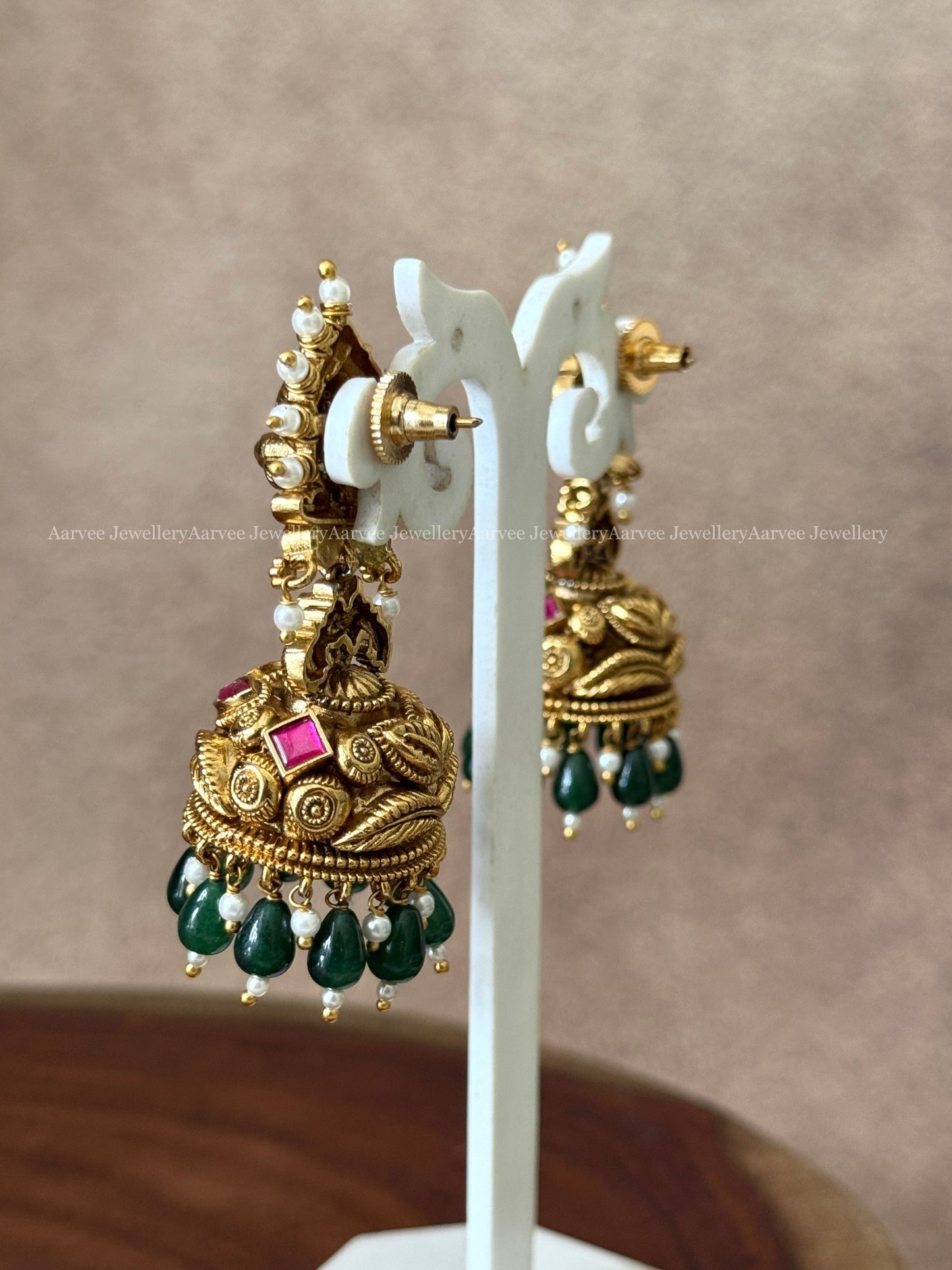 PREMIUM AUTIQUE GOLD PEACOCK JHUMKI WITH GREEN BEADS