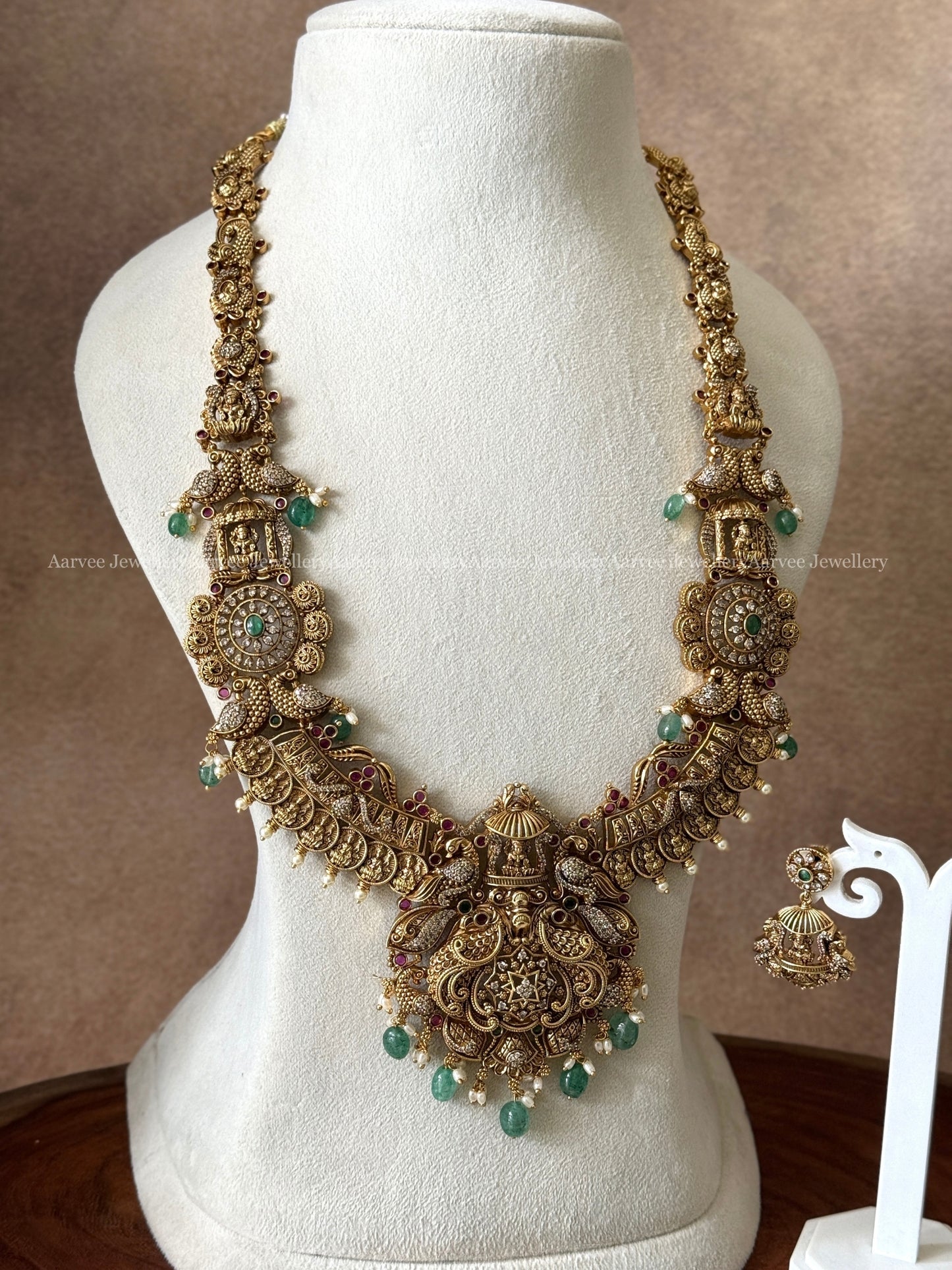 GOLD FINISH COIN & LAKSHMI HARAM WITH PASTEL BEADS