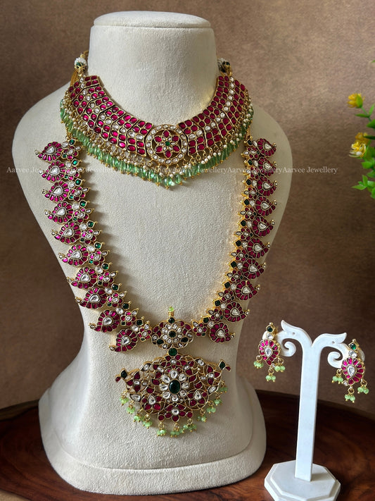 COMBO - JADAU KUNDAN RUBY STONE BUTTA CHOKER WITH MANGO MATIF HARAM SET WITH TINY GREEN BEADS