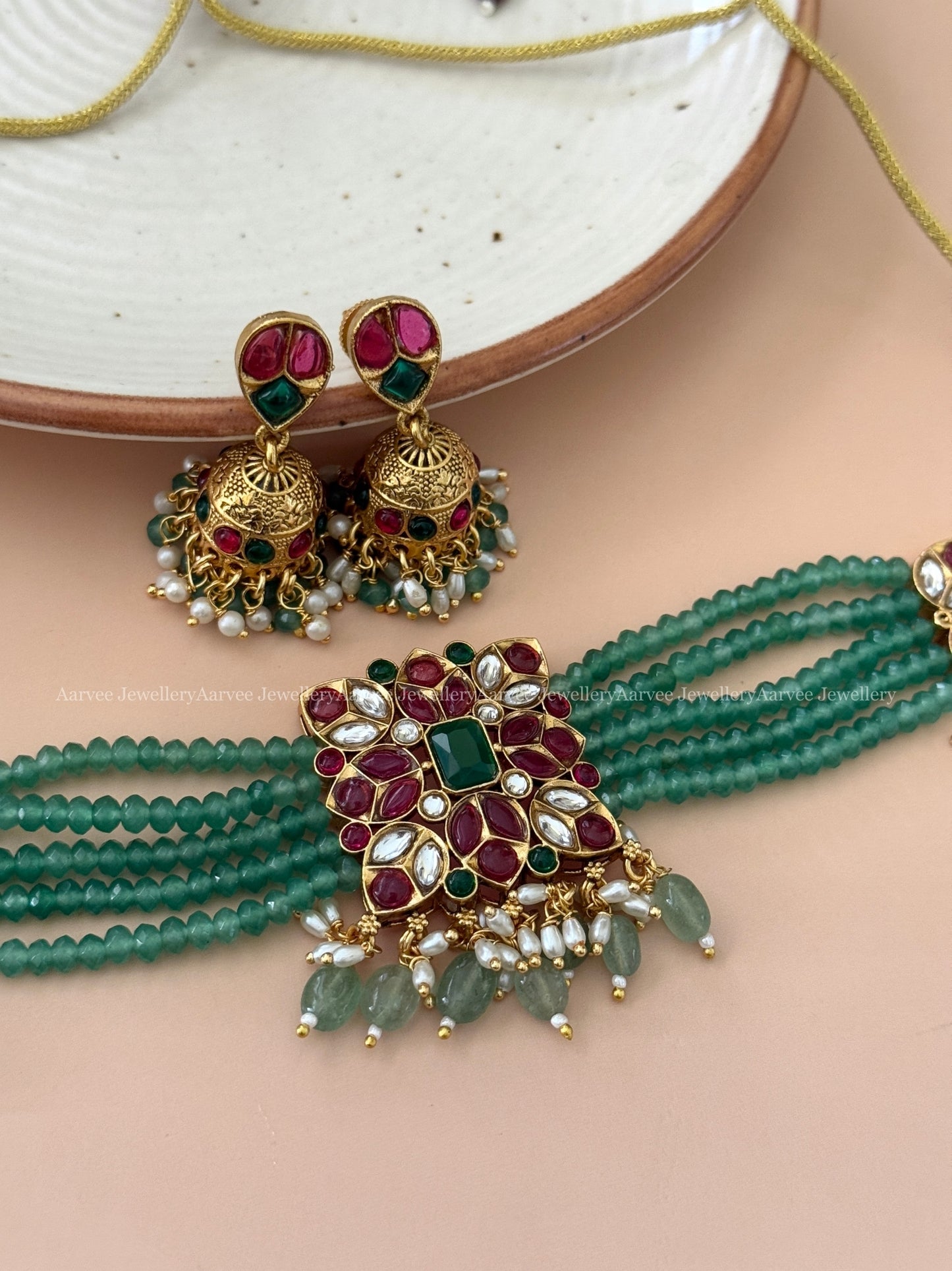 PASTEL BEADED SQUARE CHOKER SET WITH RUBY / GREEN STONES WITH PASTEL BEADS