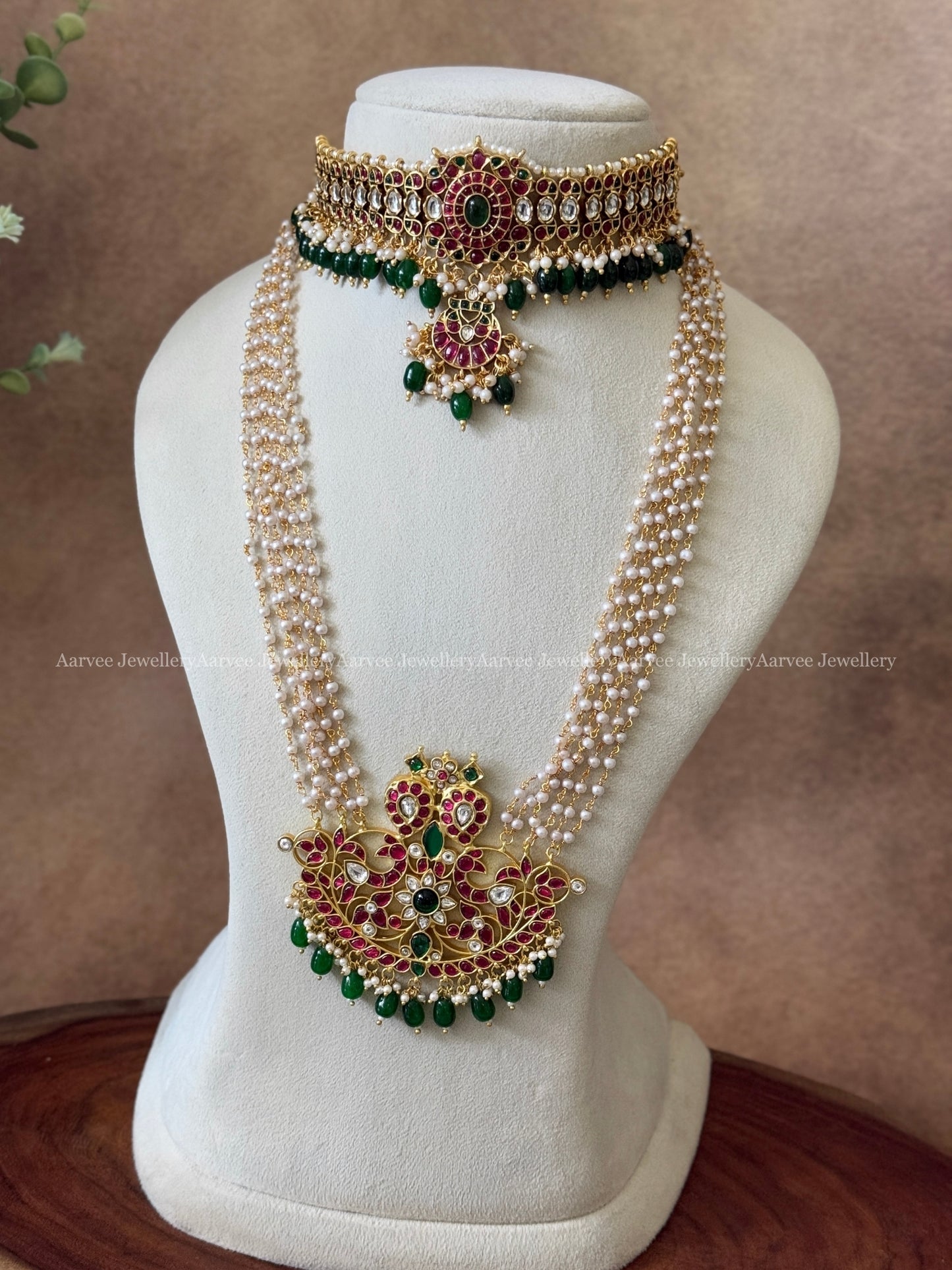 COMBO - KEMP SINGLE PENDANT CHOKER & PEARL CHAIN WITH JADAU KUNDAN MANGO PENDANT WITH GREEN BEADS