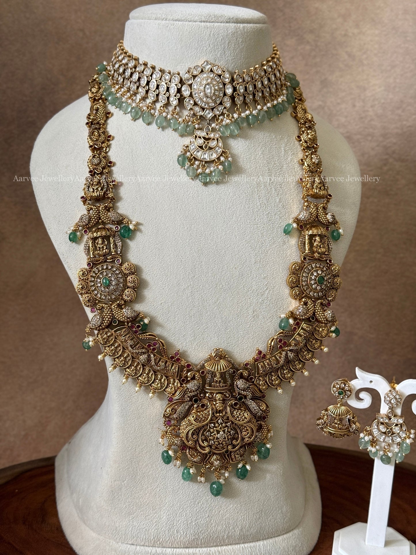 COMBO - WHITE STONE PREMIUM KUNDAN CHOKER & RUSTIC GOLD LAKSHMI MID LENGHTH HARAM SET WITH PASTEL BEADS