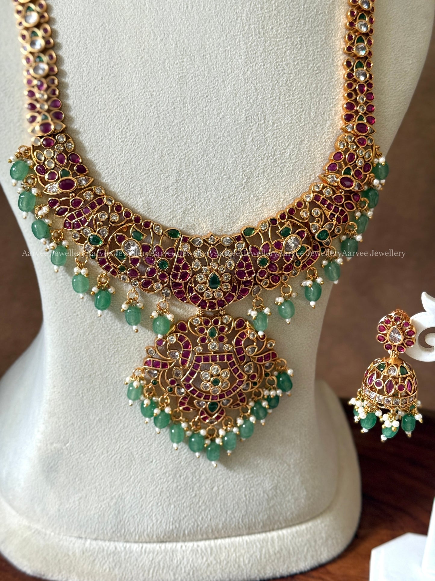 KEMP RUBY STONE FLORAL HARAM SET WITH PASTEL BEADS