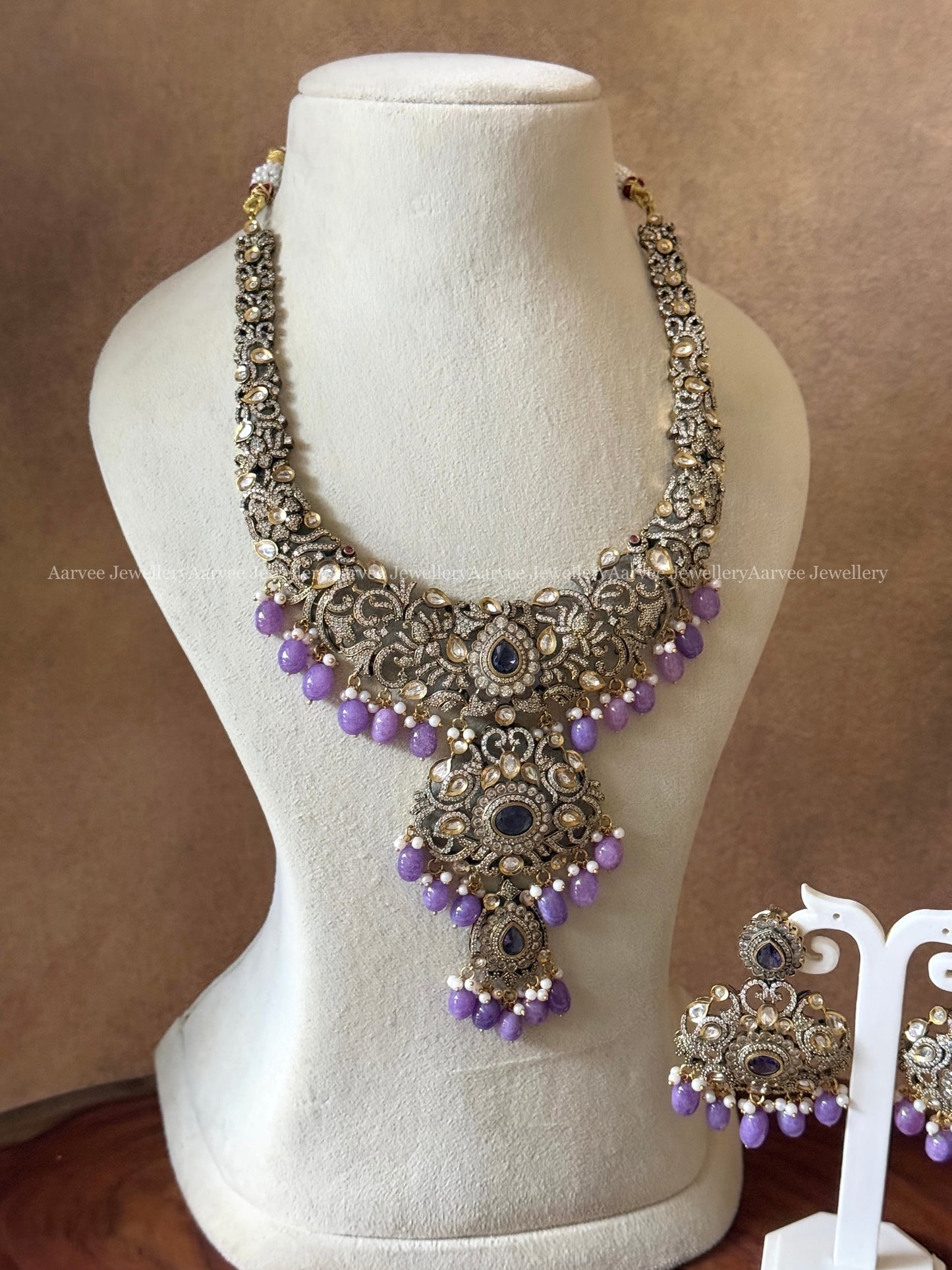 VICTORIAN TWO LAYER PENDANT MID LENGTH HARAM SET WITH LILAC BEADS