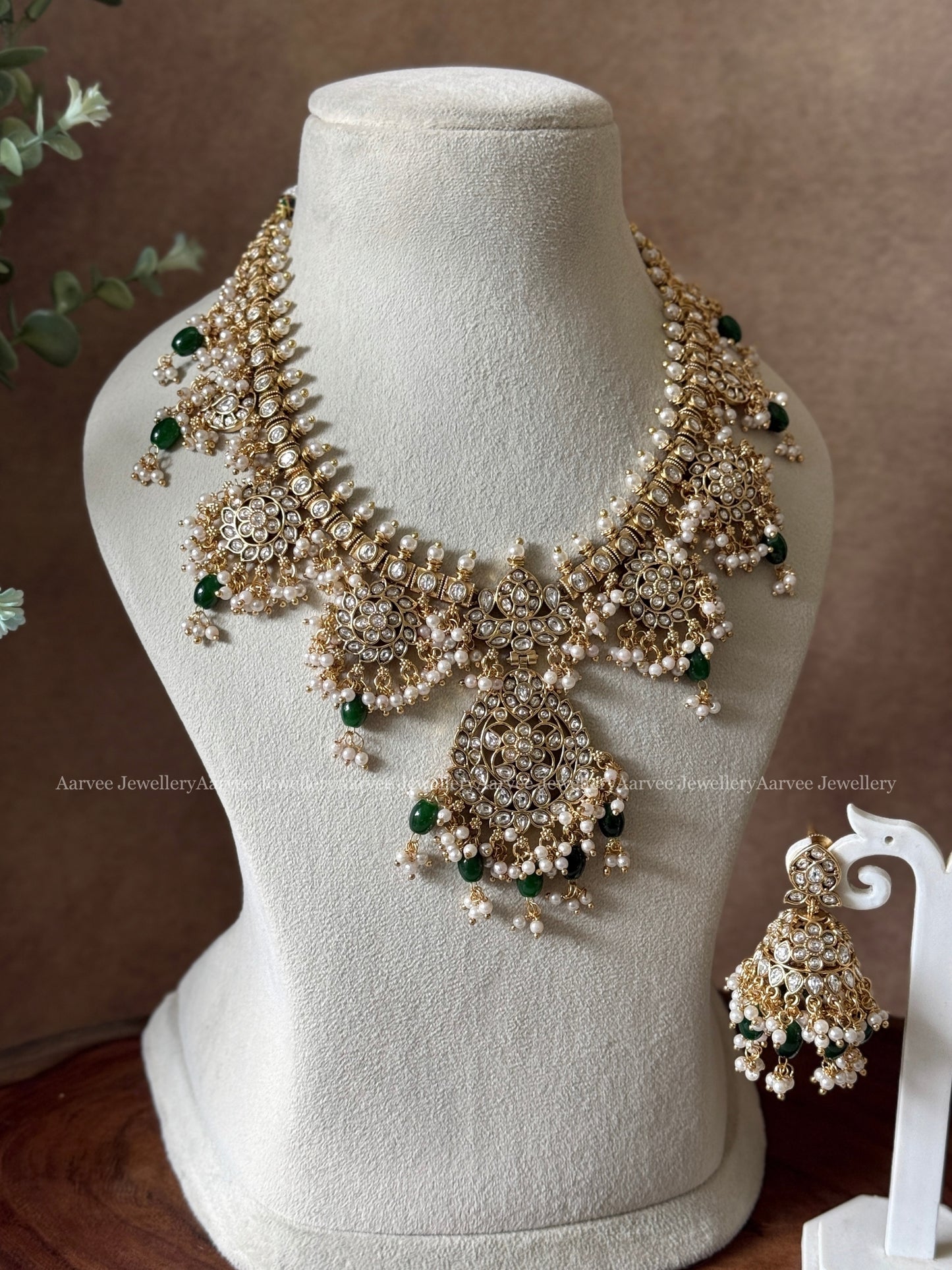 KUNDAN WHITE STONE FLORAL GUTTA PUSALU NECKLACE SET WITH PEARL & GREEN BEADS
