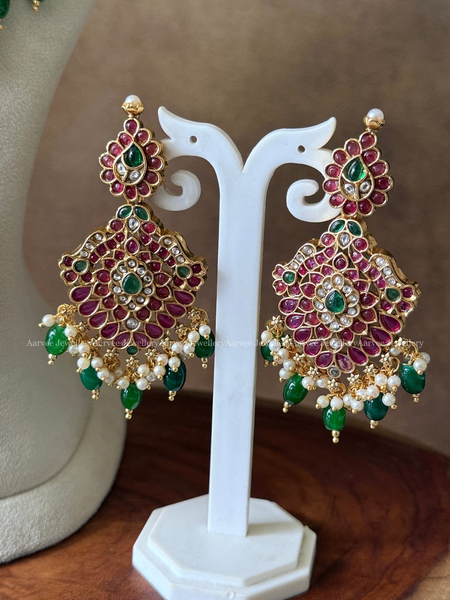 KEMP RUBY STONE MID LENGTH HARAM SET WITH GREEN BEADS