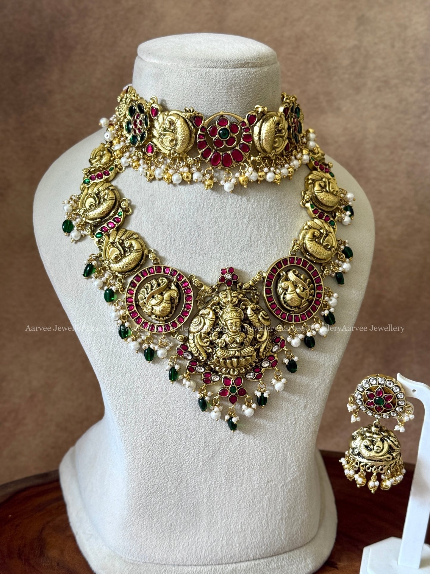 COMBO - JADAU KUNDAN FLORAL ANNAM CHOKER AND NAGAS NECKLACE WITH GREEN BEADS AND BUTTA JHUMKI