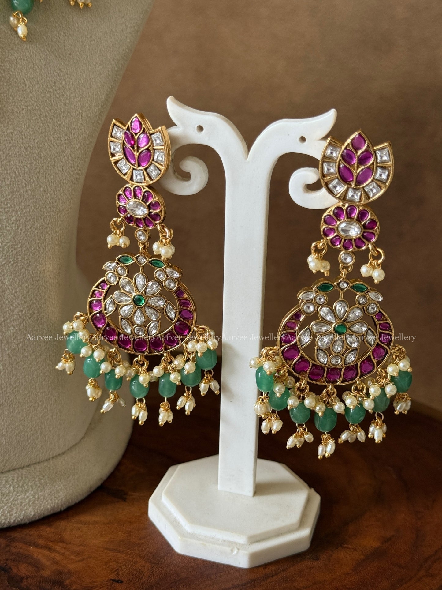 PREMIUM KUNDAN STONES PEACOCK & FLORAL MOTIF GUTTA PUSALU HARAM SET WITH PASTEL BEADS