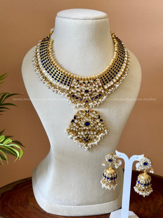 JADAU KUNDAN NECKLACE SET WITH BLUE STONES AND PEARLS