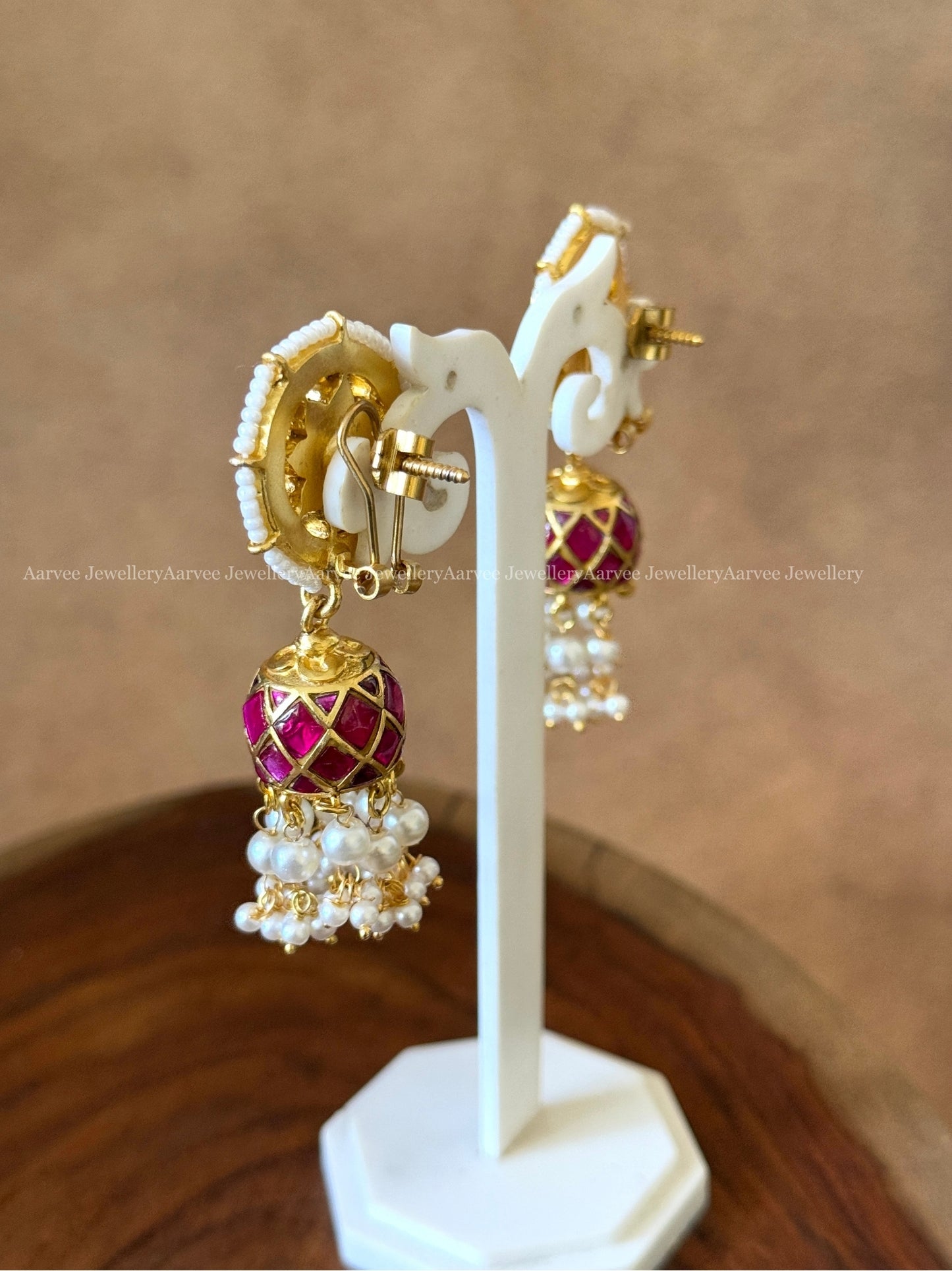 JADAU KUNDAN PINK/WHITE STONE BUTTA JHUMKI WITH PEARLS