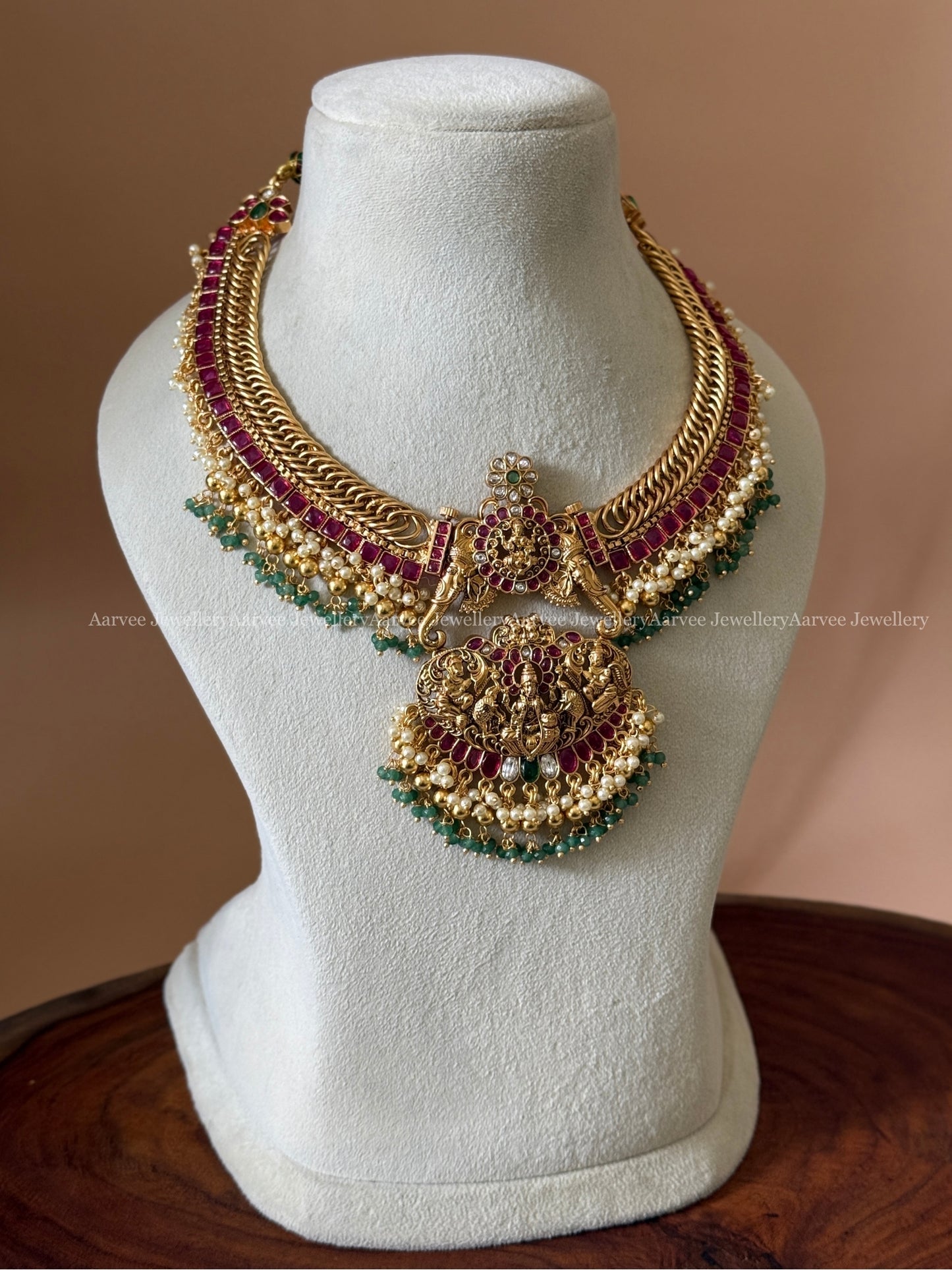 JALEBI NECKLACE SET WITH LAKSHMI MOTIF DETACHABLE PENDANT — RUBY STONES & PASTEL BEADS
