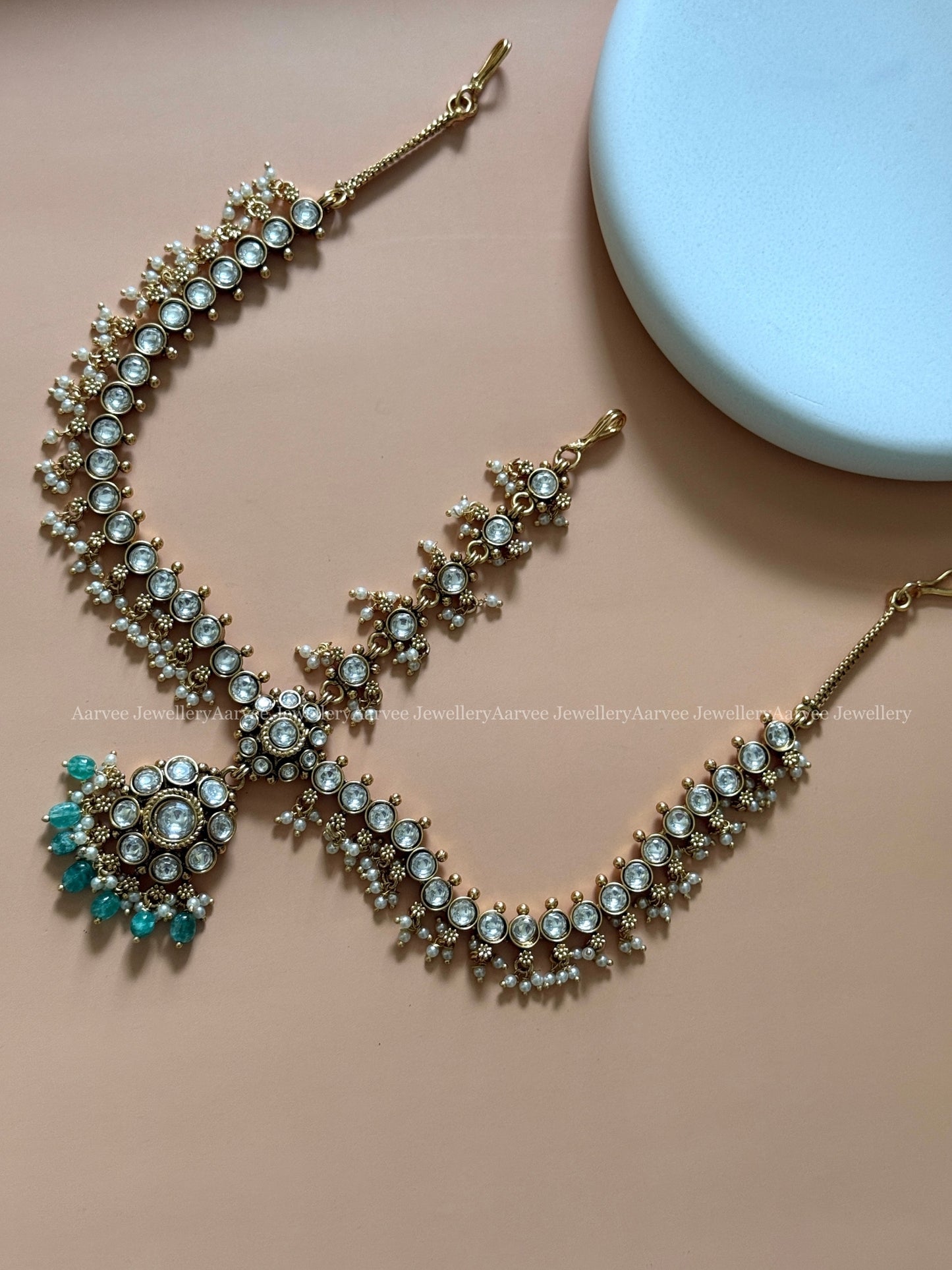 KUNDAN WHITE STONE MATHAPATHI WITH PASTEL BEADS