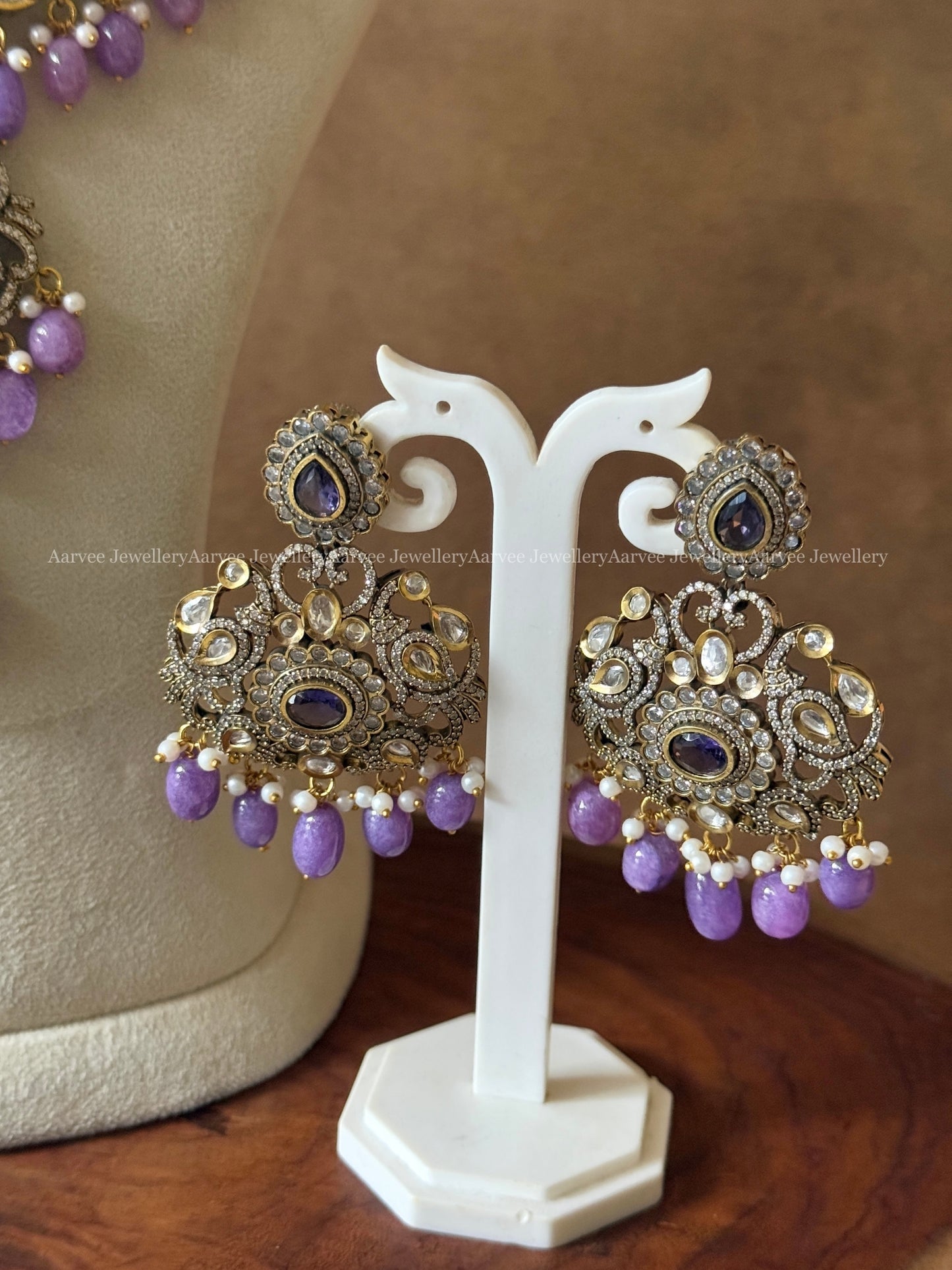 VICTORIAN TWO LAYER PENDANT MID LENGTH HARAM SET WITH LILAC BEADS