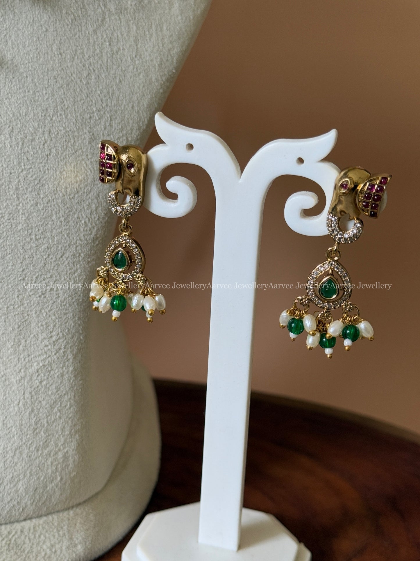CZ STONES KANTI NECKLACE SET WITH ELEPHANT & LAKSHMI PENDANT WITH PEARLS AND TINY GREEN BEADS
