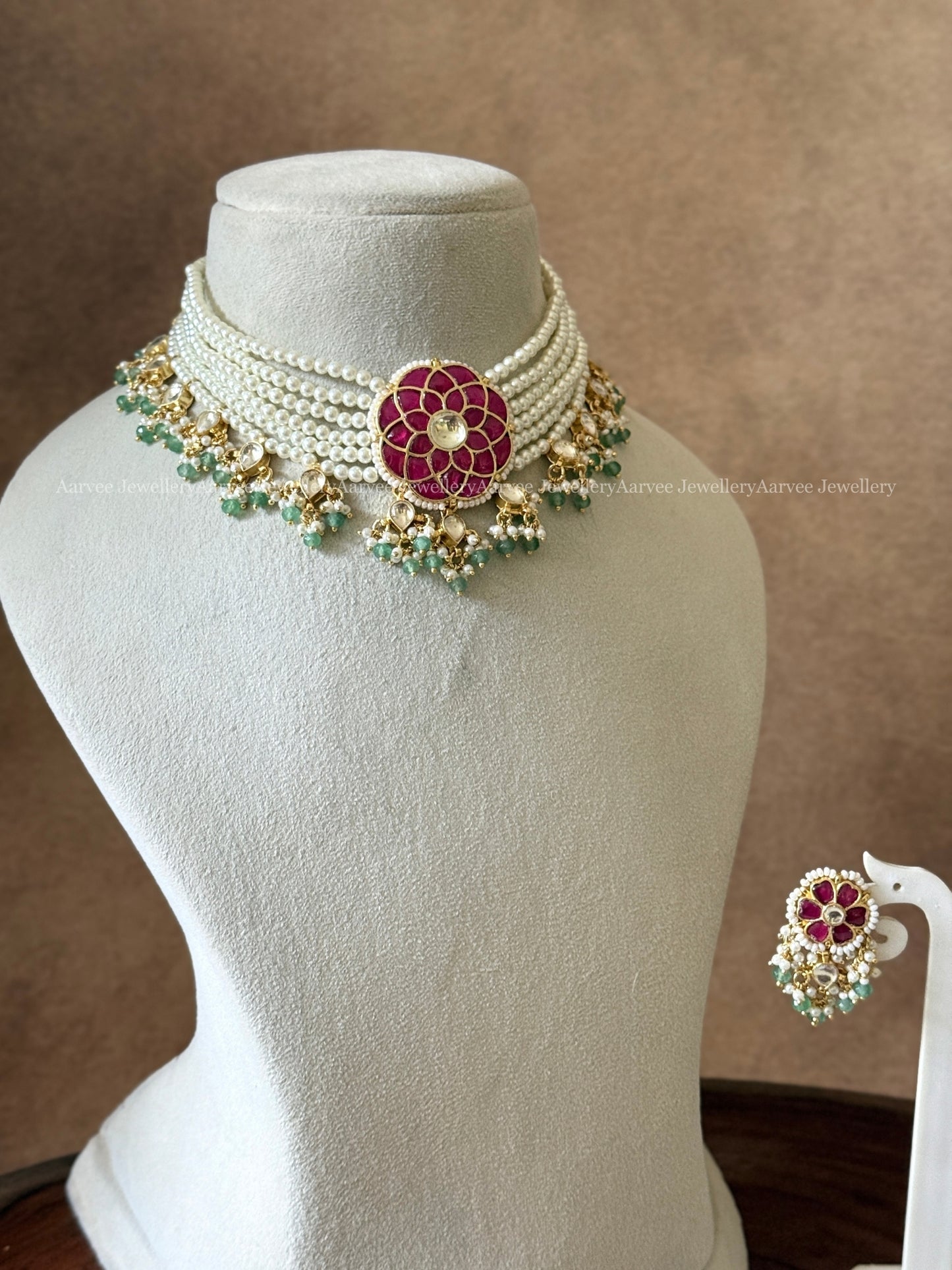 POLKI KUNDAN PEARL BEADED CHOKER SET WITH PINK FLORAL PENDANT & PASTEL BEAD DROPS