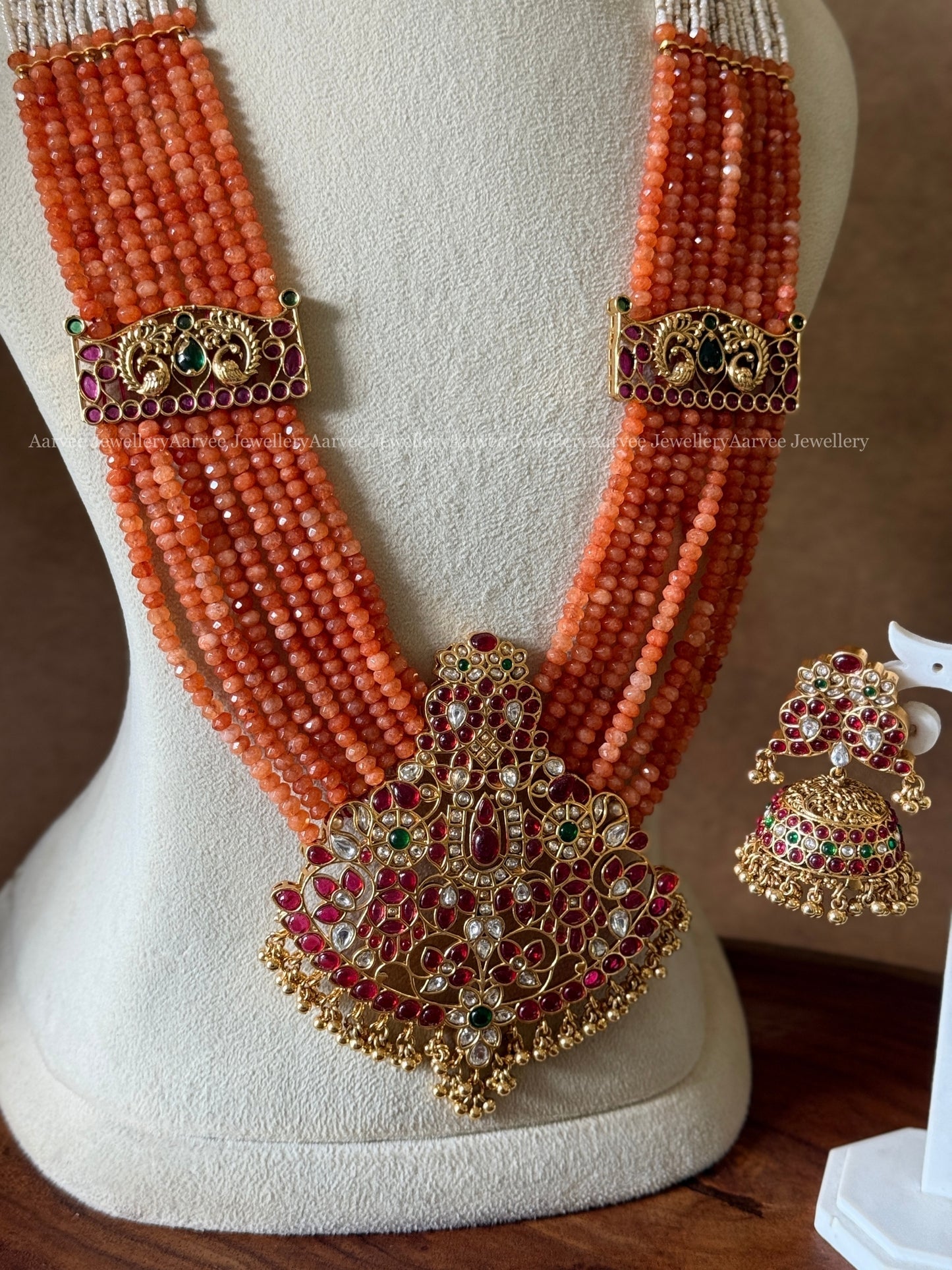 PEARL & ORANGE MULTI BEADED MID LENGTH HARAM SET WITH KEMP PENDANT