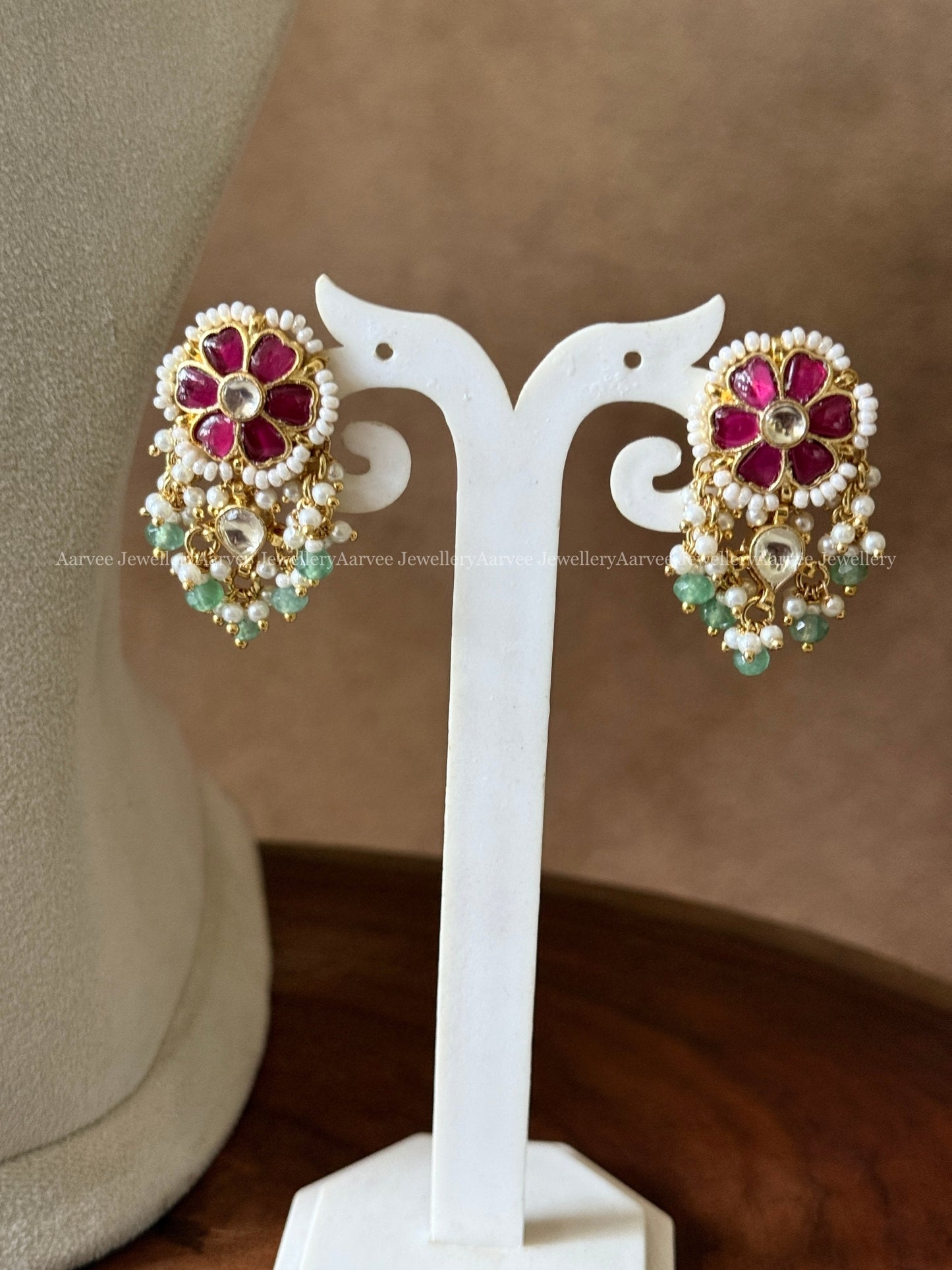 POLKI KUNDAN PEARL BEADED CHOKER SET WITH PINK FLORAL PENDANT & PASTEL BEAD DROPS