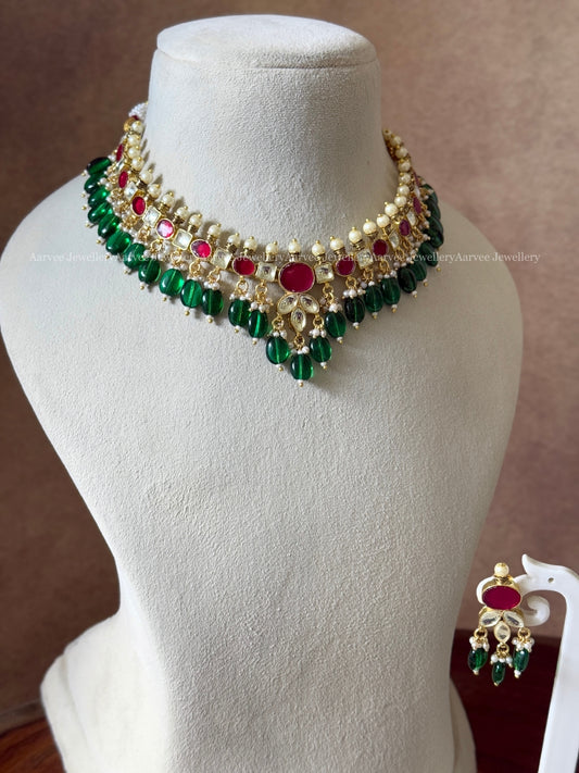 POLKI KUNDAN - RUBY STONE NECKLACE SET WITH DARK GREEN BEADS