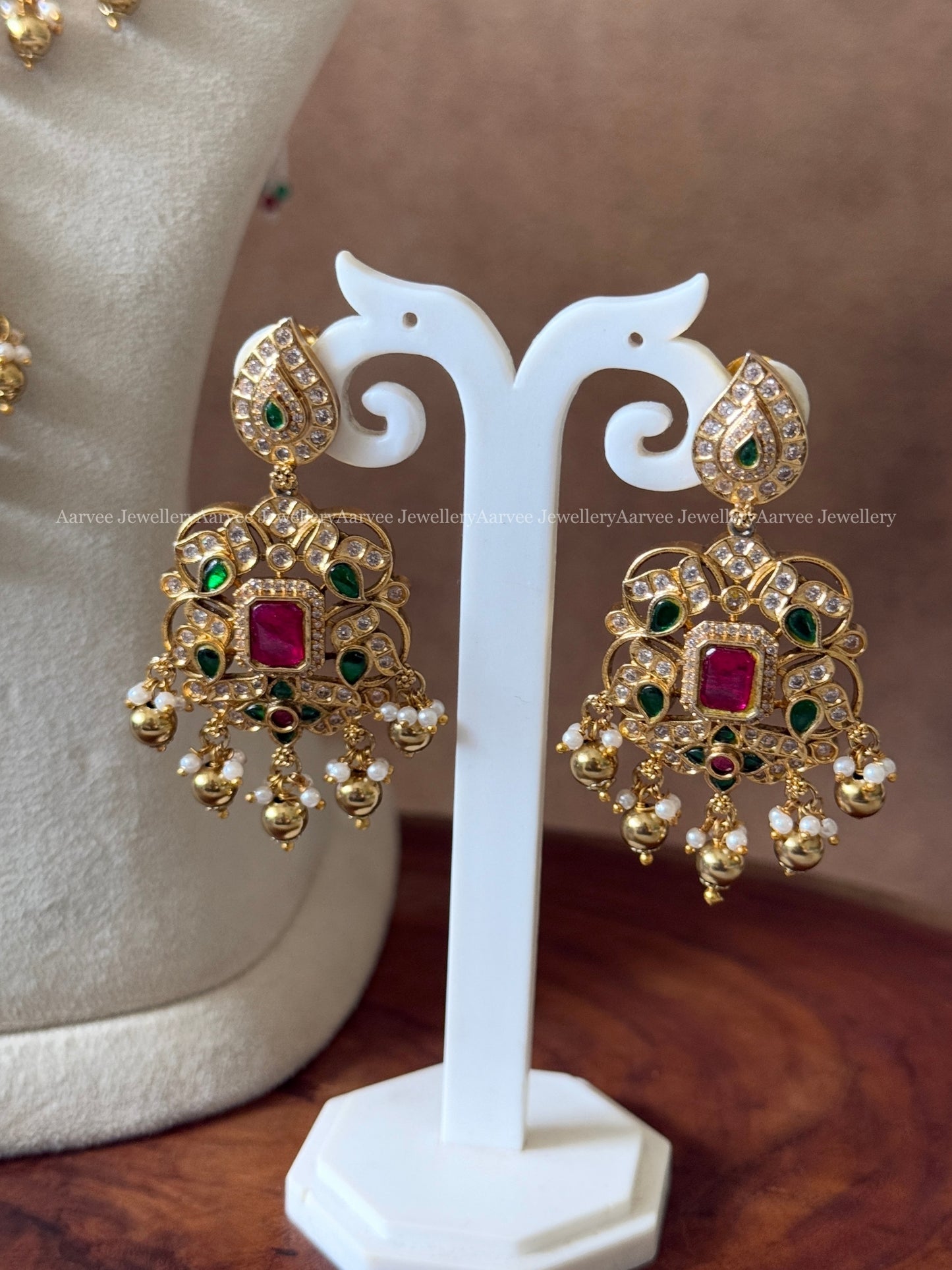 COMBO - CZ GREEN STONE CHOKER AND PASTEL BEADED GOLD FINISH MID LENGTH HARAM SET