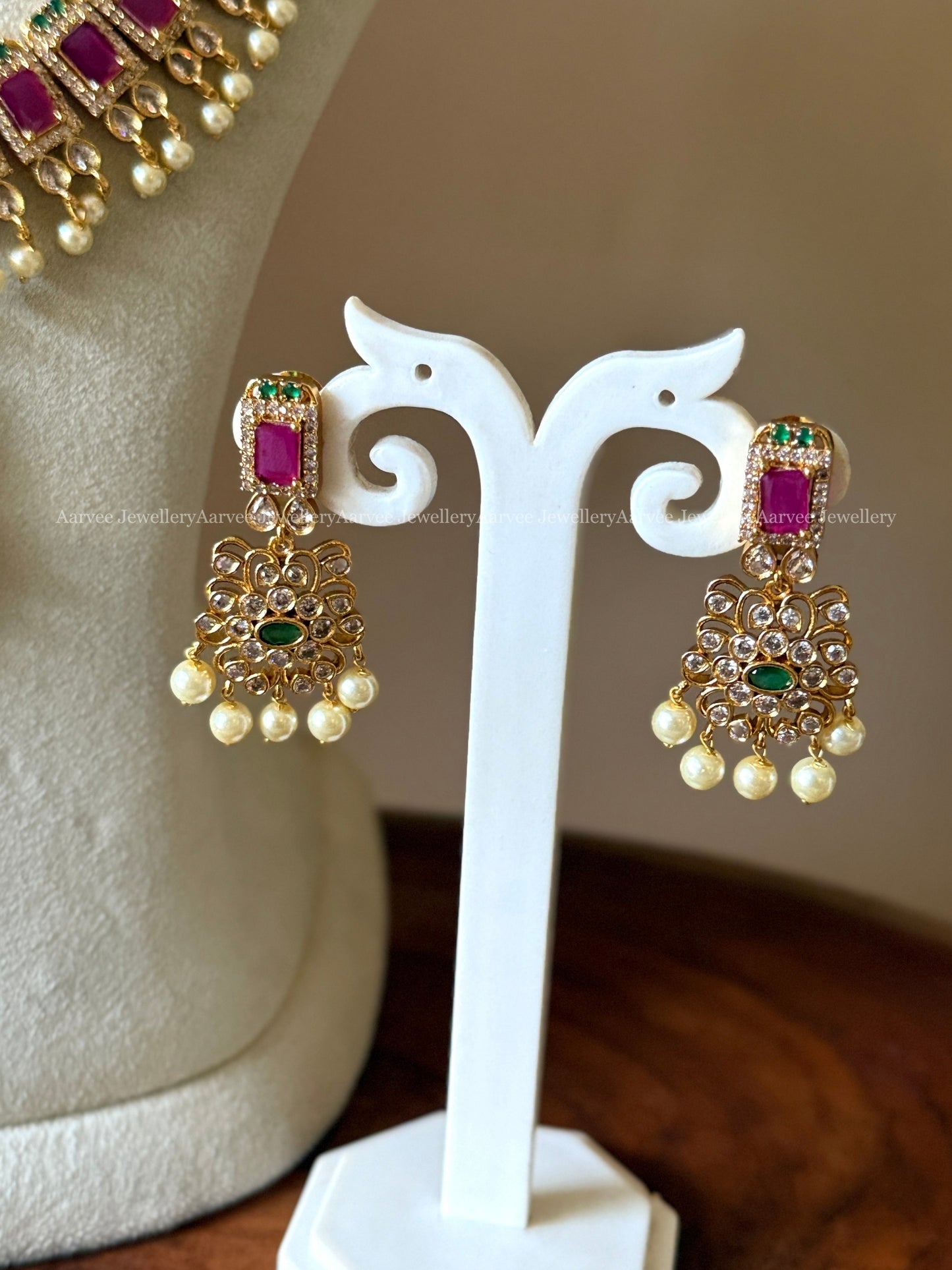 CZ RUBY STONE HARAM SET WITH PEARLS