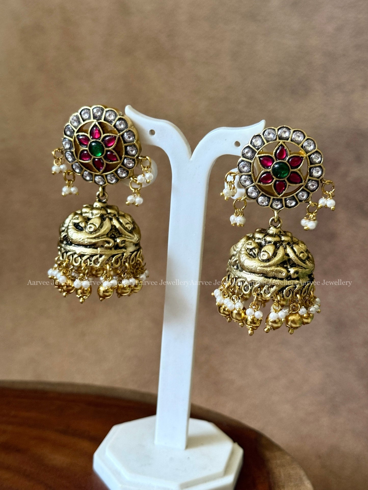 COMBO - JADAU KUNDAN FLORAL ANNAM CHOKER AND NAGAS NECKLACE WITH GREEN BEADS AND BUTTA JHUMKI