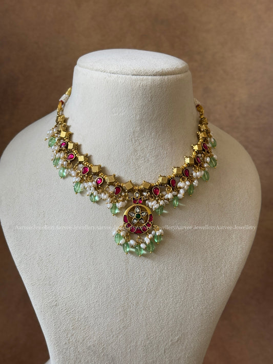 JADAU KUNDAN GOLD BALL DESIGN  NECKLACE WITH PASTEL BEADS