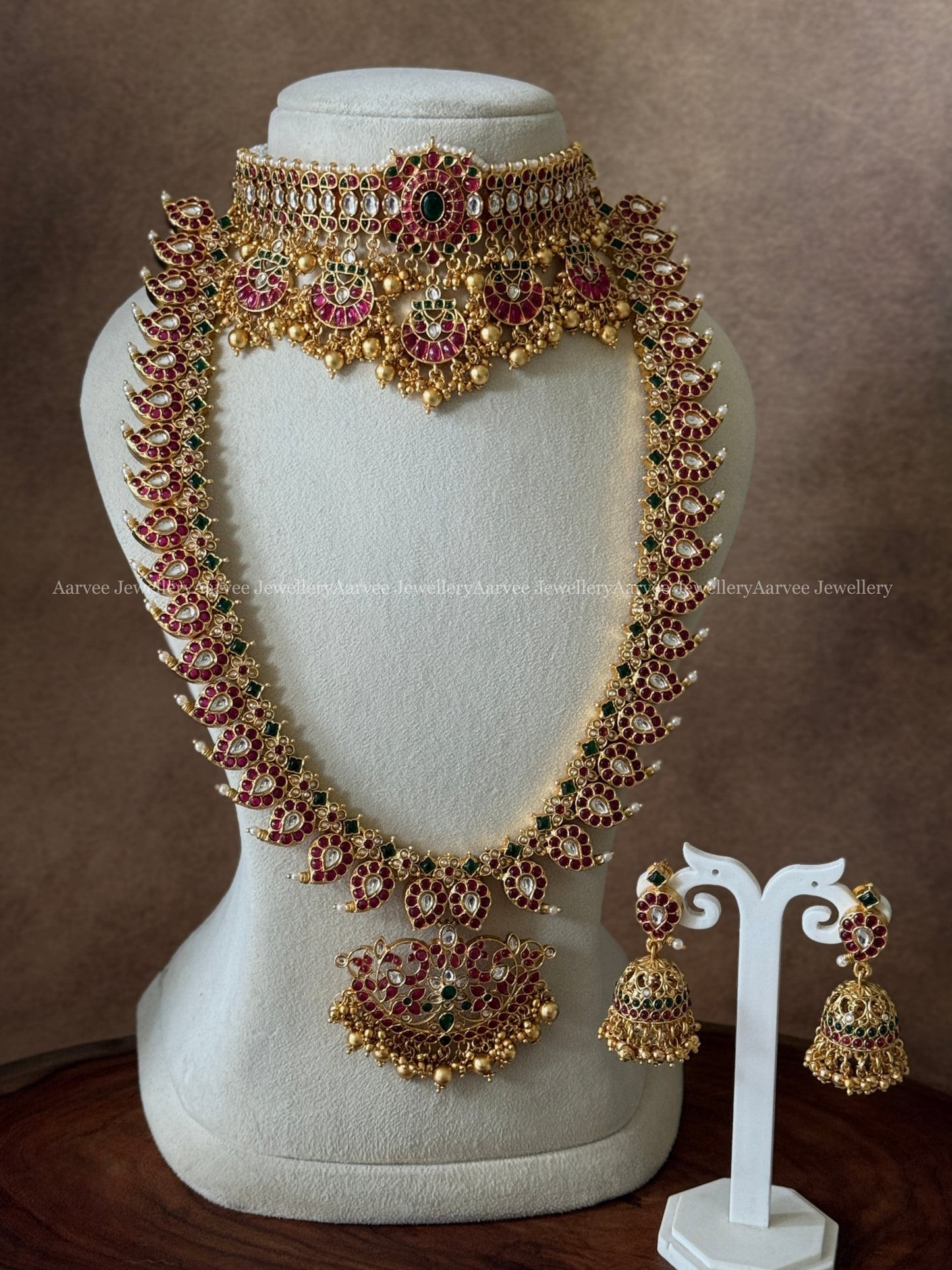 COMBO - KEMP MULTI PENDANT CHOKER & KEMP MANGO MOTIF HARAM SET WITH RUBY STONES & GOLD BEADS