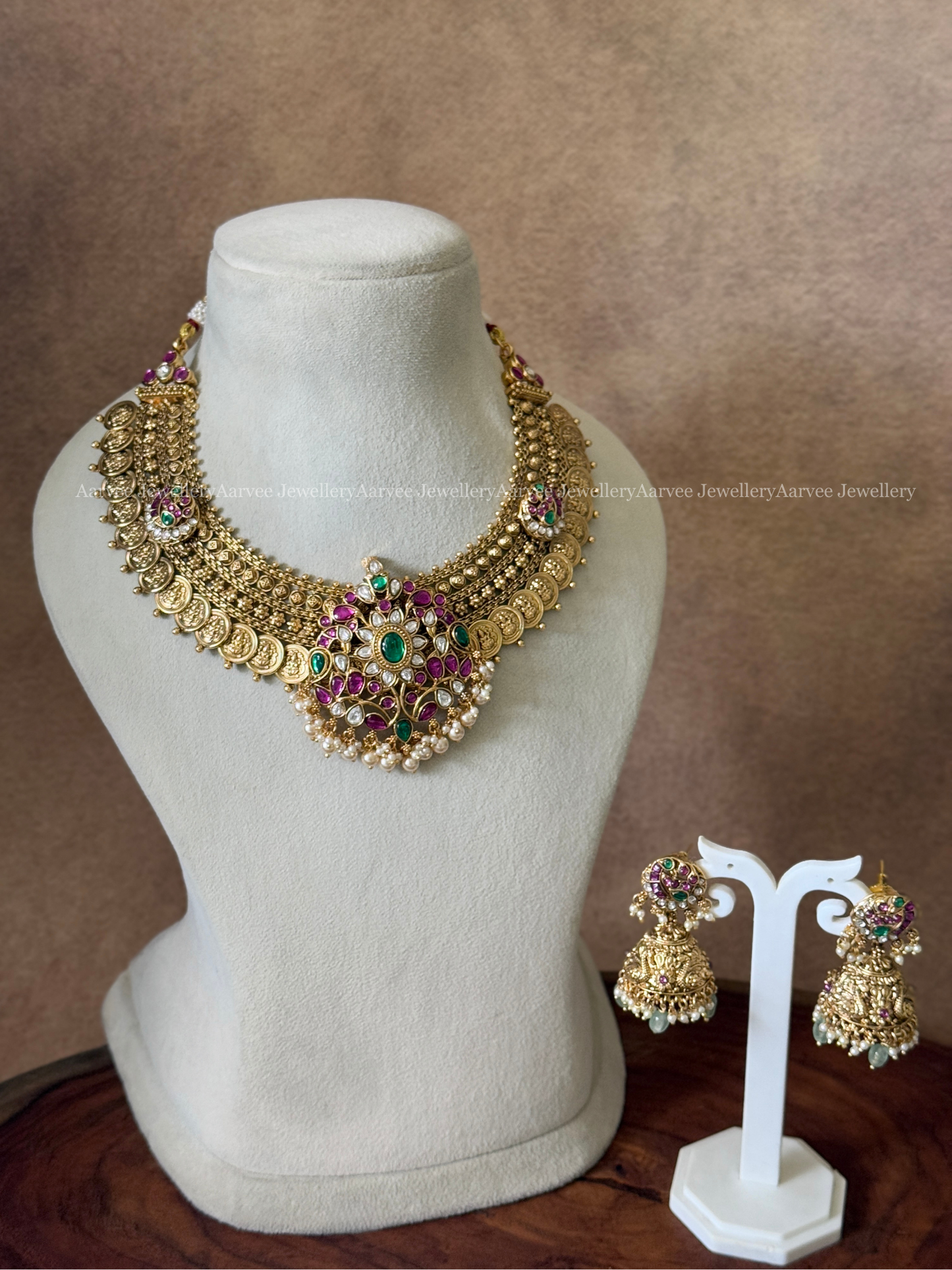 ANTIQUE GOLD STATEMENT COIN NECKLACE SET WITH 3 DETACHABLE PENDANT IN KUNDAN STONE & PASTEL BEADS