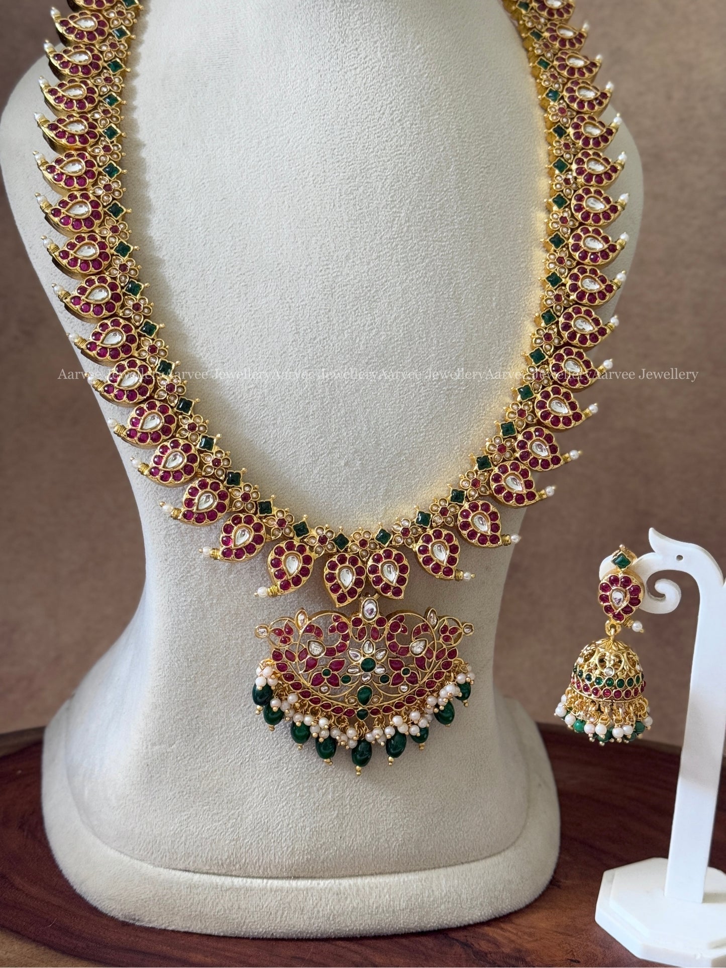 KEMP RUBY / GREEN STONES MANGO MOTIF HARAM SET WITH GREEN BEADS