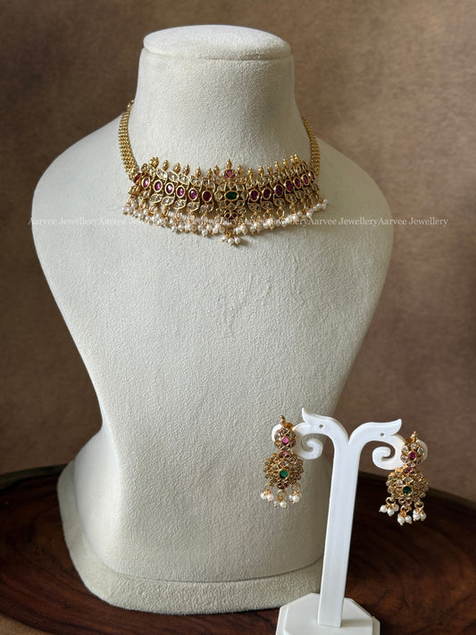 GOLD FINISH CZ STONES MINIMAL CHOKER SET WITH RUBY STONES