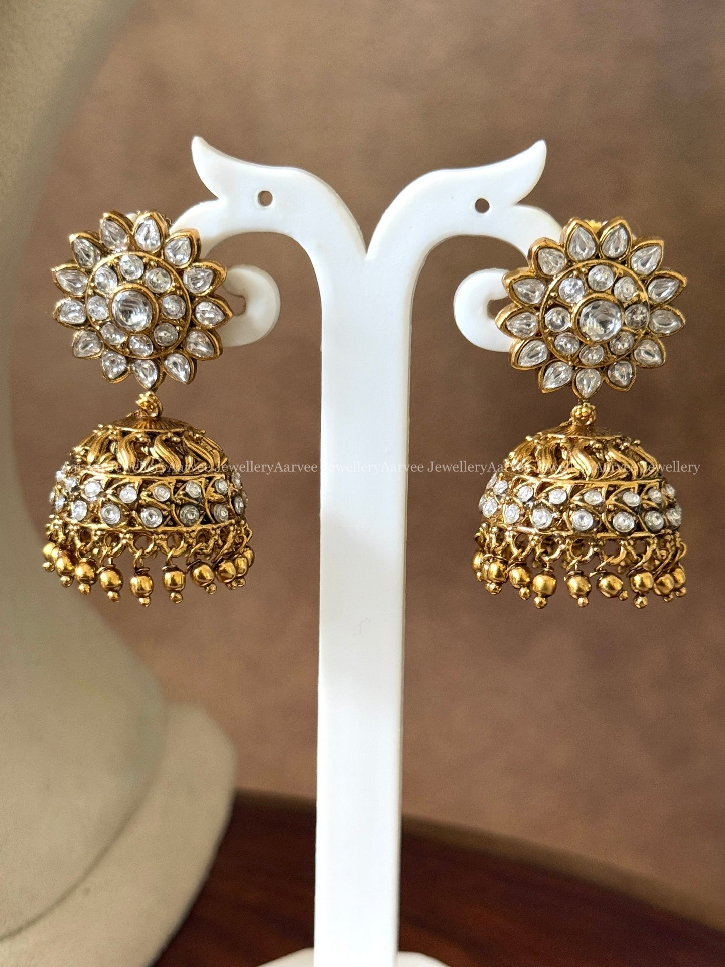 KUNDAN WHITE STONES LOTUS MOTIF HARAM SET WITH LAKSHMI PENDANT WITH GOLD BEADS