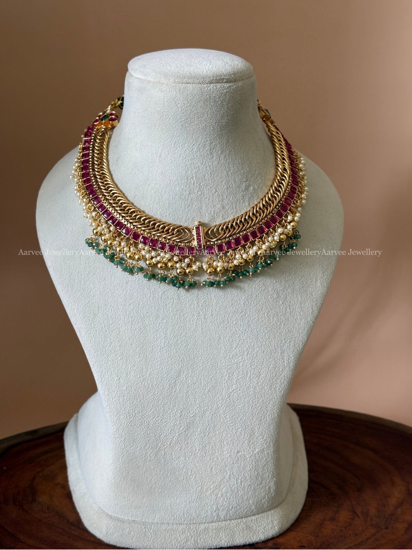 JALEBI NECKLACE SET WITH LAKSHMI MOTIF DETACHABLE PENDANT — RUBY STONES & PASTEL BEADS