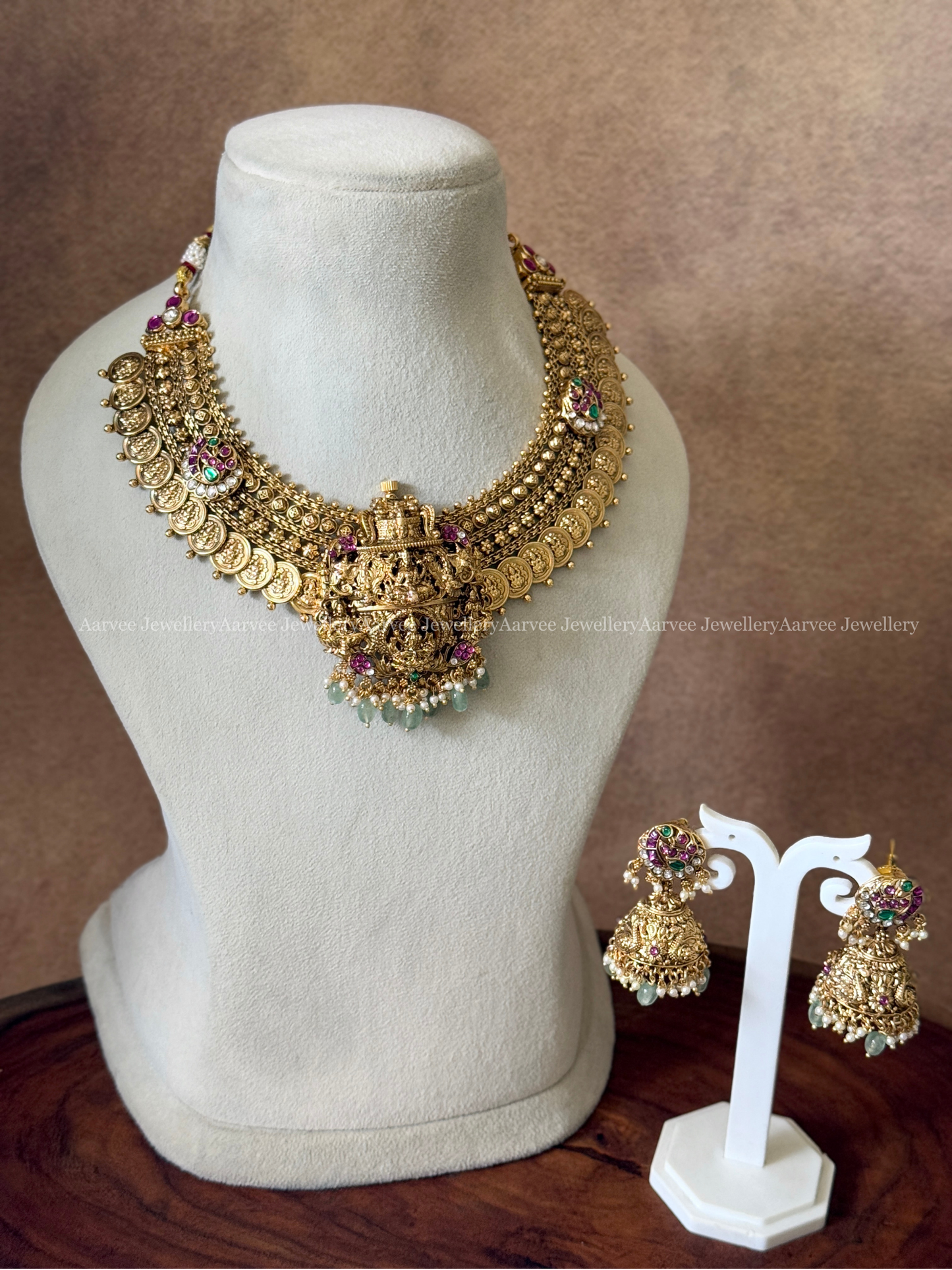 ANTIQUE GOLD STATEMENT COIN NECKLACE SET WITH 3 DETACHABLE PENDANT IN KUNDAN STONE & PASTEL BEADS