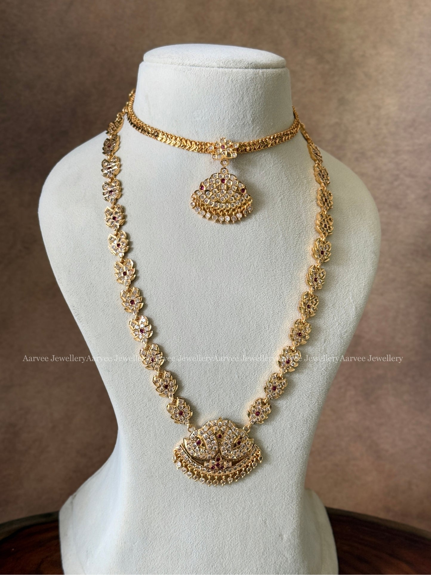 COMBO - IMPON ATTIGAI AND  WHITE / RUBY STONE IMPON CHAIN WITH PEACOCK PENDANT