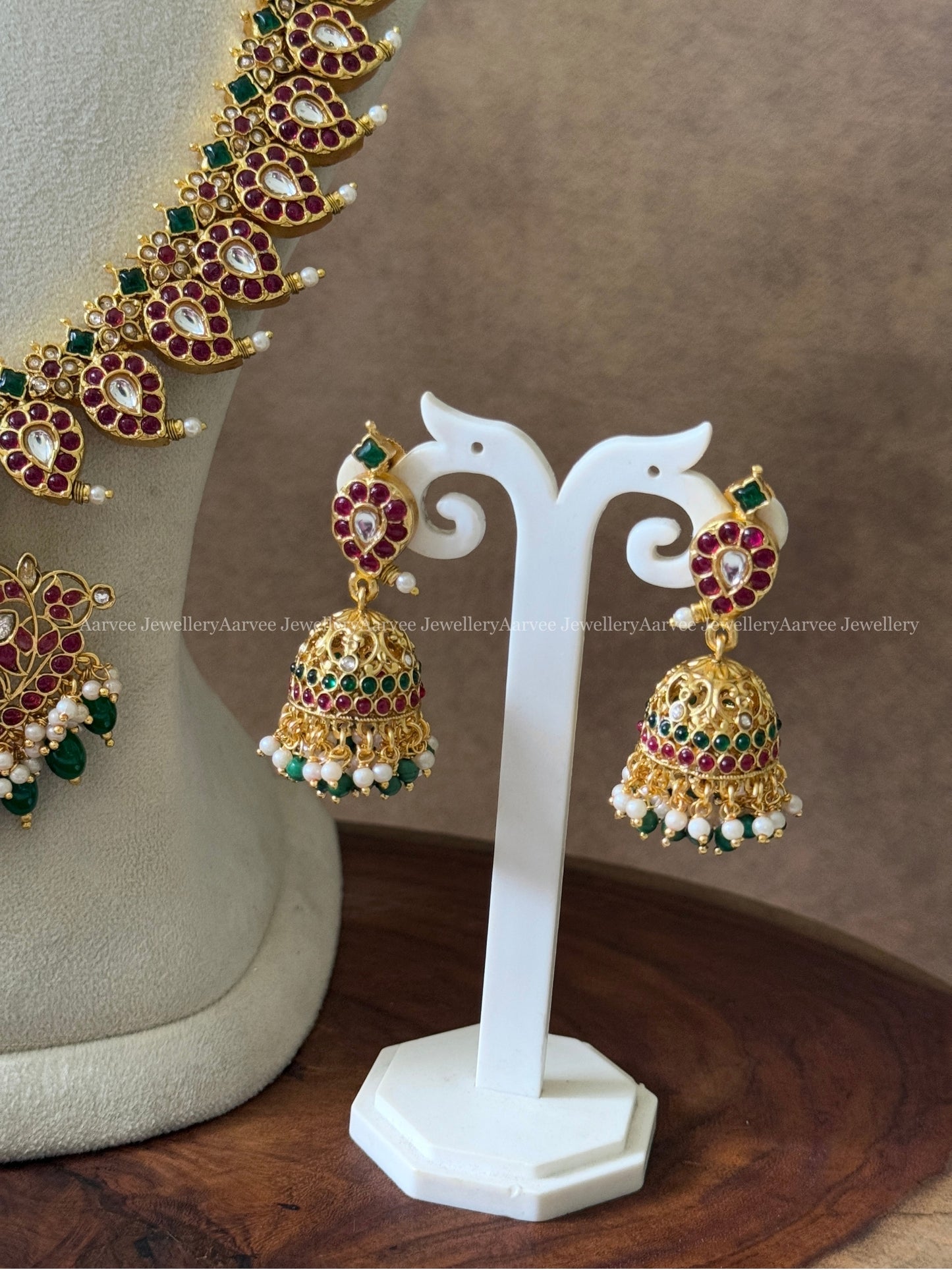 KEMP RUBY / GREEN STONES MANGO MOTIF HARAM SET WITH GREEN BEADS