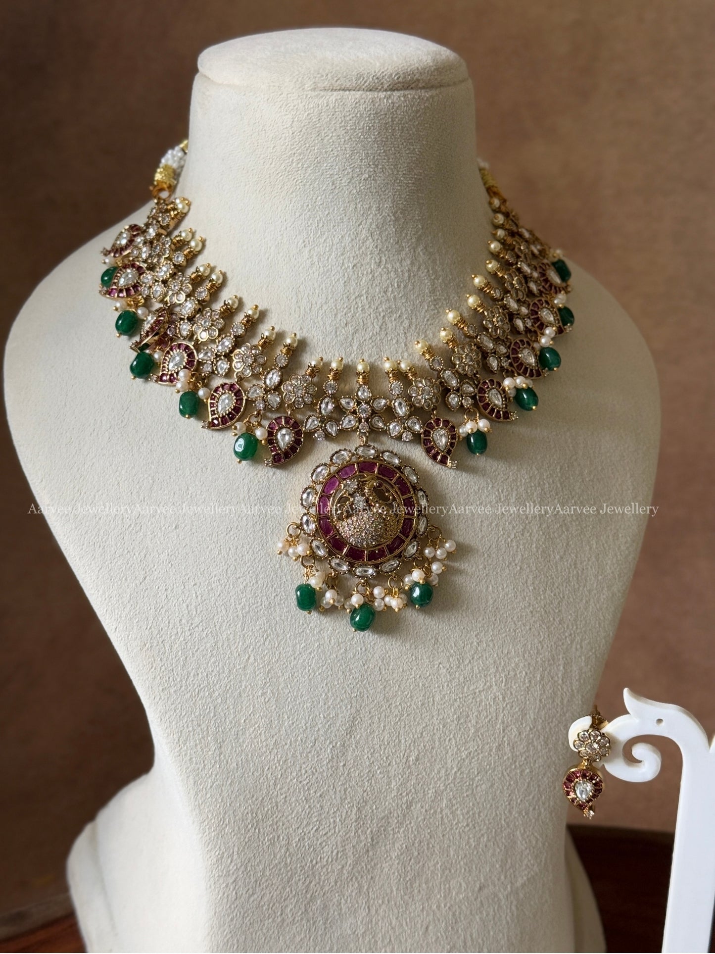 MANGO & PEACOCK MOTIF VICTORIAN NECKLACE SET WITH GREEN BEADS
